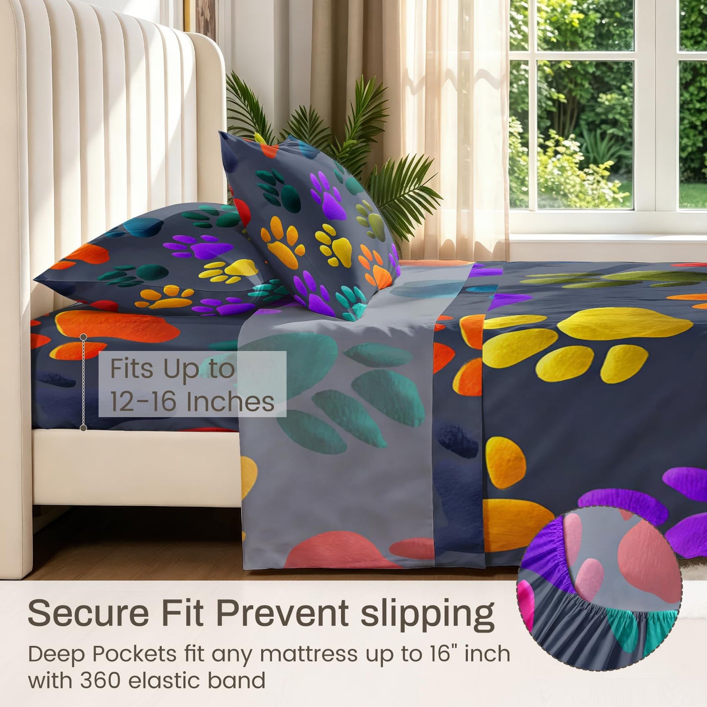 Dog Paw Sheet Set, 4 Pcs Queen Size Cat Paw Bed Sheets, Gray