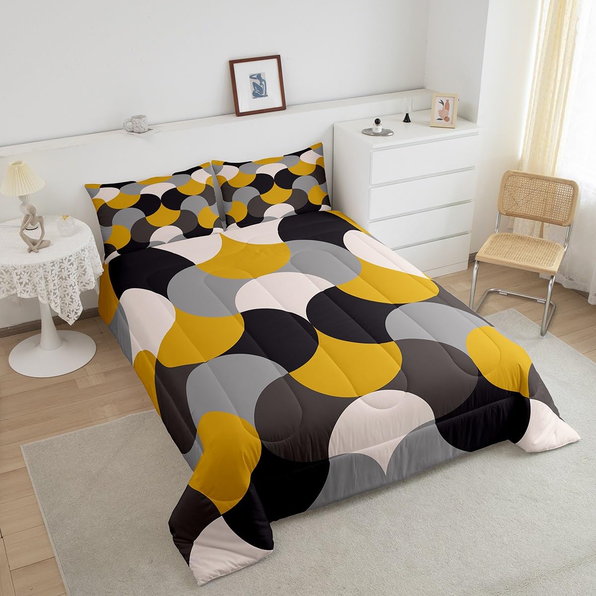 Feelyou Geometric Print Bedding Set Geometric Yellow Grey Black Comforter Set for Kids Boys Girls Teens Decor Modern Art Comforter Luxury Abstract Art Duvet Set 3Pcs Queen Size