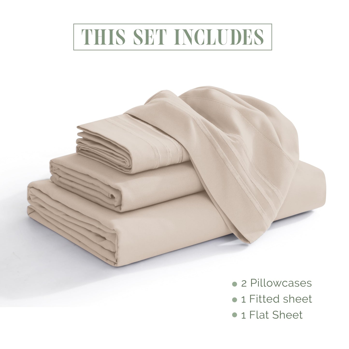 Elegant Comfort Luxurious 1500 Premium Hotel Quality Microfiber Three Line Embroidered Softest 4-Piece Bed Sheet Set, Wrinkle and Fade Resistant, King, Cream