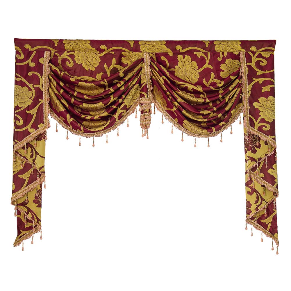 BOYOUTH Jacquard Swags Waterfall Curtain Valance,European Style Rod Pocket Top Valances for Living Room,Bedroom,Wine Red,59 Inches Width,1 Panel