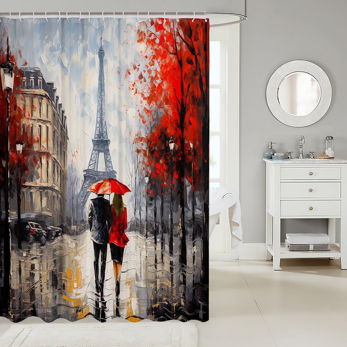 jejeloiu Eiffel Tower Shower Curtain 72"x78" Couple Romantic Paris Bathroom Shower Curtain Set for Girls Women Lover Valentine's Day Bath Curtain Red France Trip Bathroom Accessories