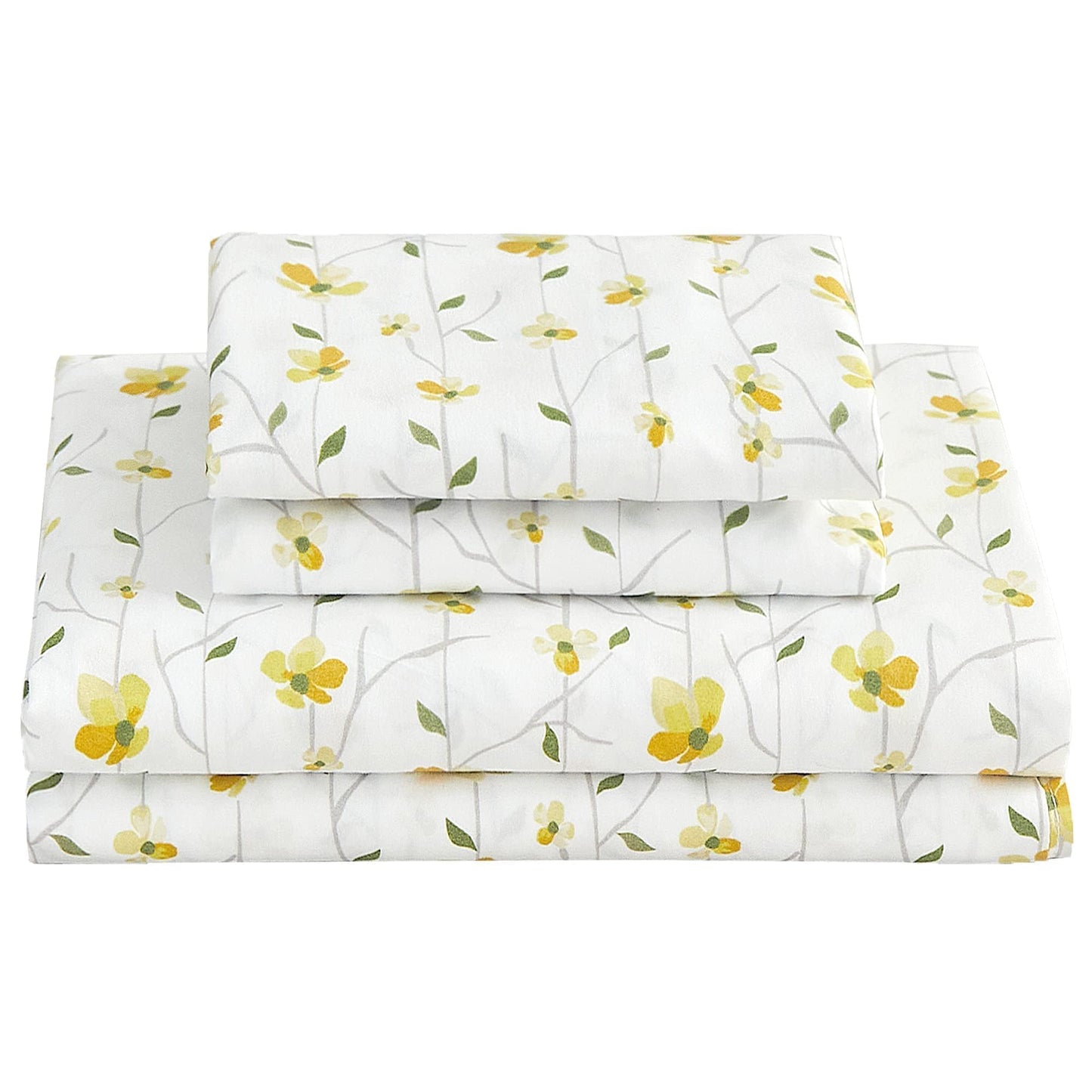 Softan Yellow Floral Bed Sheets Full Flower Printed Sheets - Patterned Microfiber Fitted Sheets Full with 15" Deep Pocket & Non-Slip Straps, Cute Flower Sheets & Pillowcase Set