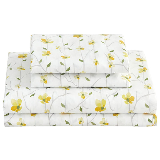 Softan Yellow Floral Bed Sheets Full Flower Printed Sheets - Patterned Microfiber Fitted Sheets Full with 15" Deep Pocket & Non-Slip Straps, Cute Flower Sheets & Pillowcase Set