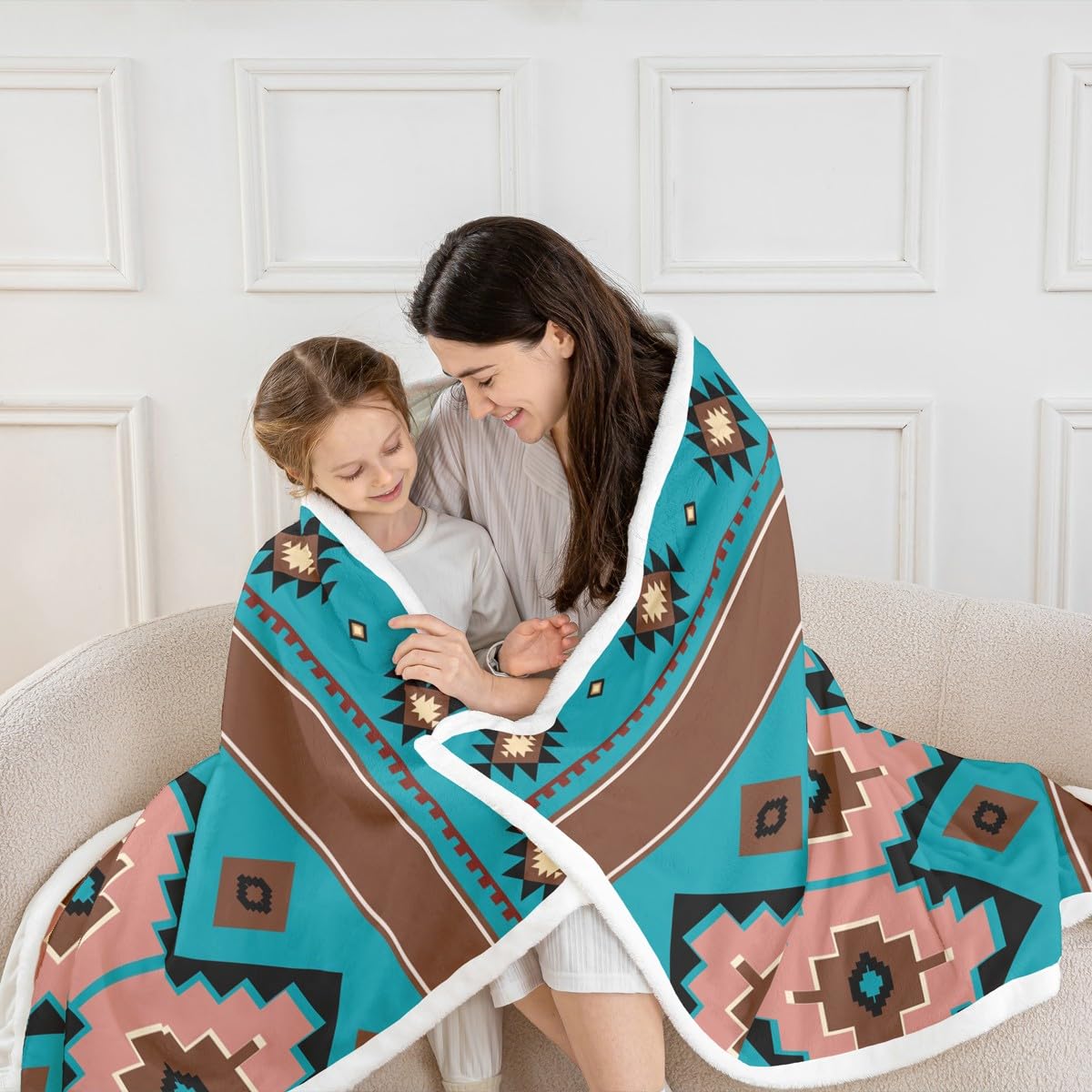Feelyou Boho Aztec Throw Blanket West Soft Fleece Sherpa Cozy Fuzzy Plush Warm Teel Brown Fuzzy Plush Throw Western 40"x50" for Bed Couch Living Room