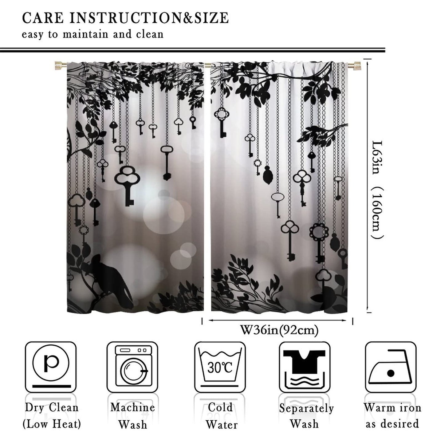 Gothic Crow Curtains, Black Birds Crow Decor Window Treatments for Living Room, Crow Black Dark Wings Thriller Curtain Drapes 2 Panels, 72x63 Inch