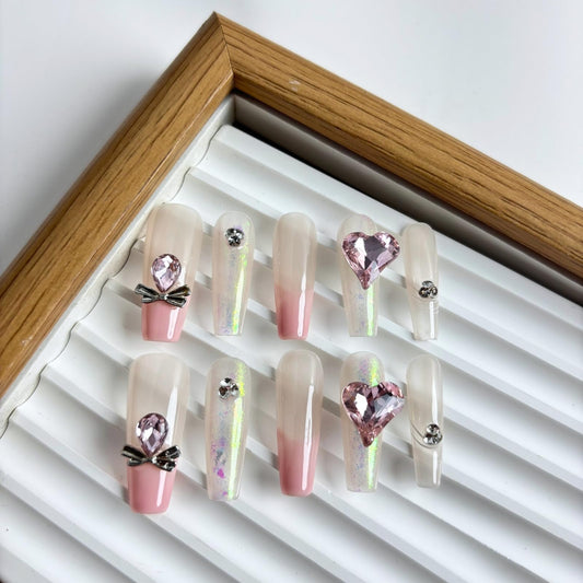 Yabonica Handmade French Tip Press On Nails,10Pcs Pink Acrylic False Nails Press Ons with 3D Bling Rhinestones Nail Art Gel Long Lasting&Reusable Glue On Nail for Party Daily Wear (072P, S)