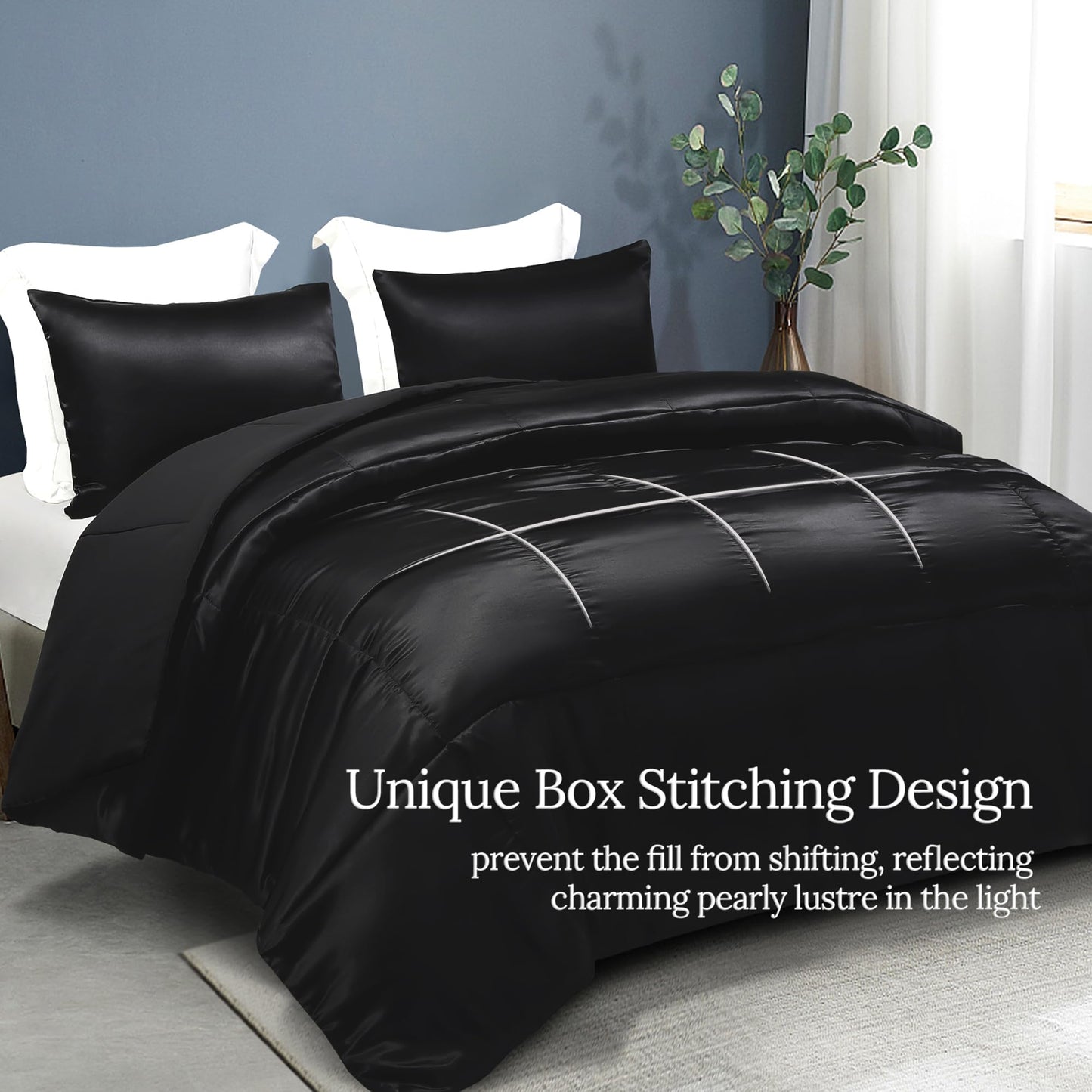 Whale Flotilla 3-Piece Reversible Silky Soft Queen Comforter Bedding Set, Luxurious Satin Comforters Full Size with 2 Satin Pillowcases, Lightweight Duvet for All Seasons, Black