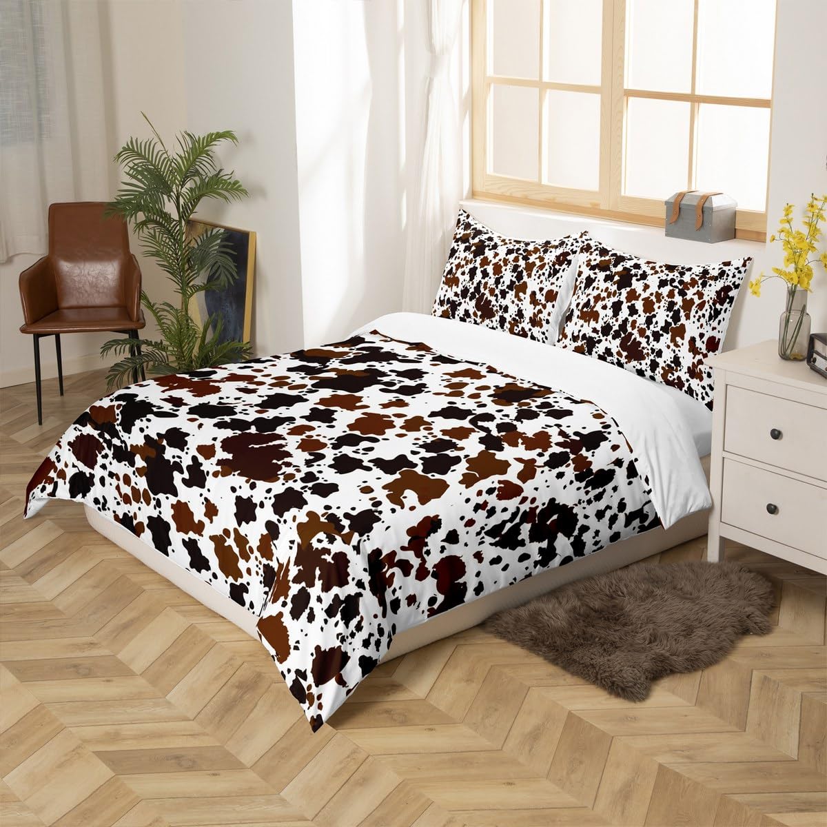 Homewish Cow Print Duvet Cover Set King Size Brown and White Cow Fur Bedding Set 3pcs for Kids Boys Teens Room Decor, Farm Animal Print Comforter Cover Cowhide Bedspread with 2 Pillowcases