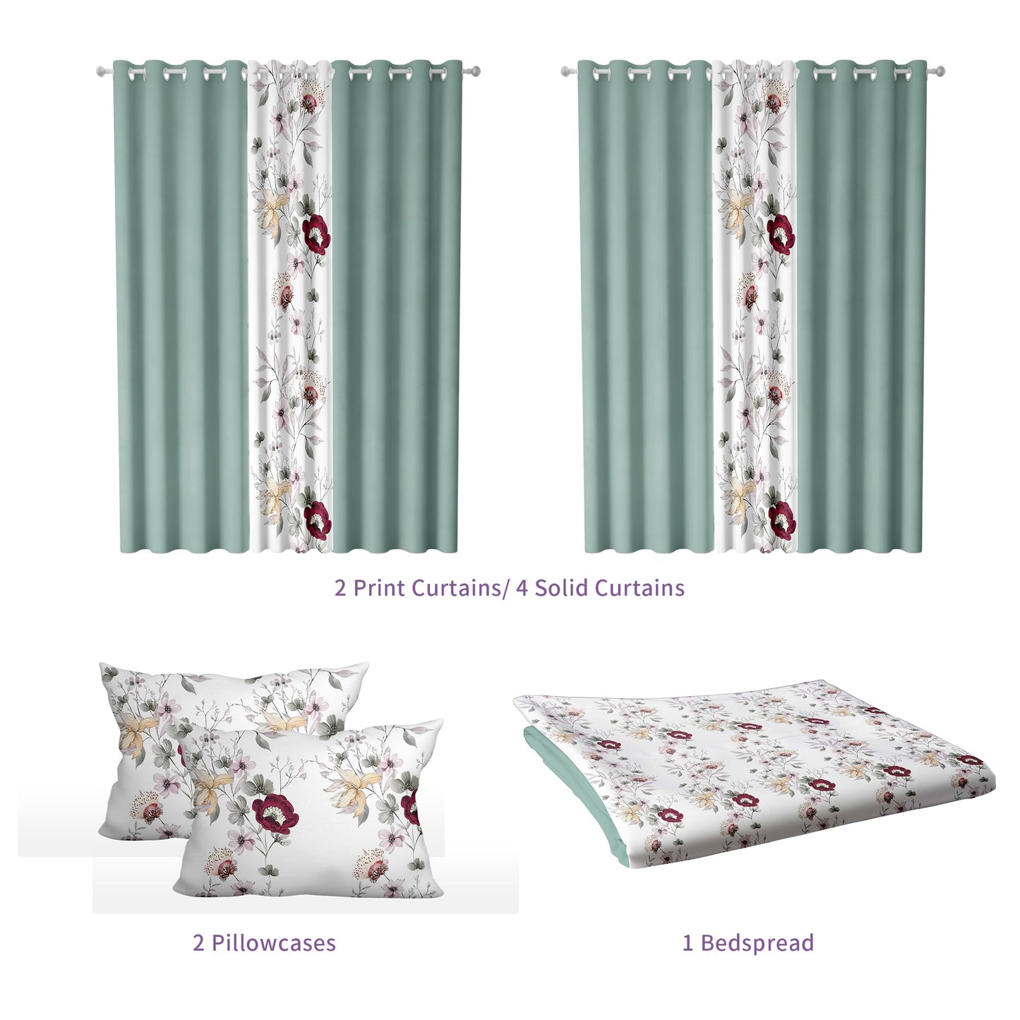 Deepsleep King Bedspread Set 9 Pieces, All Season Luxury Bed in a Bag for Bedroom, with 2 Pillowcases and 6 Curtains, Ultra-Soft Microfiber for Complete Bedroom Decor, Green Flowers