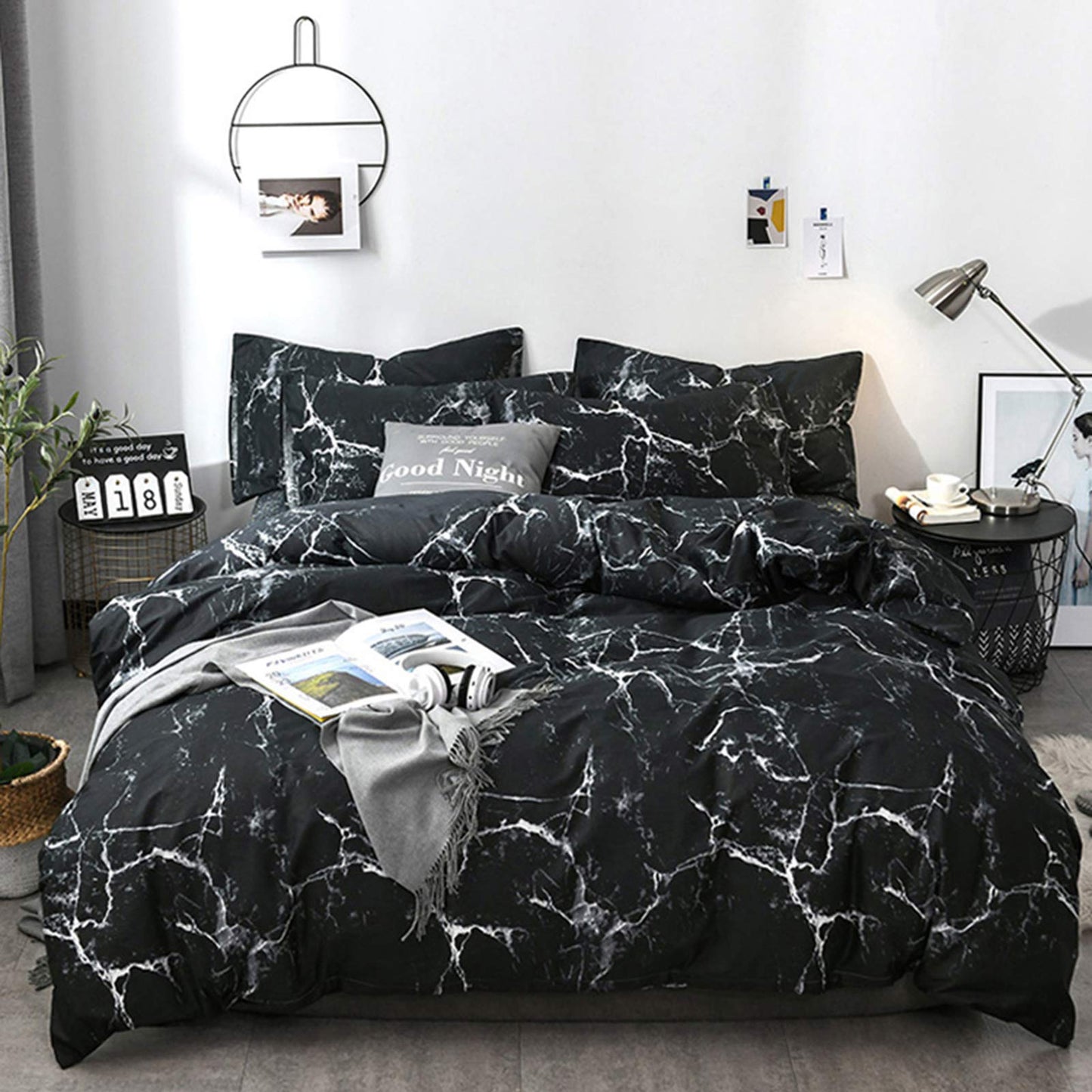 Luxlovery Black Marble Comforter Set Queen Black Marble Bed Set Full Cotton Comforter Cozy Beathable Soft Black and White Marble Quilts Blanket Modern Comforter Set