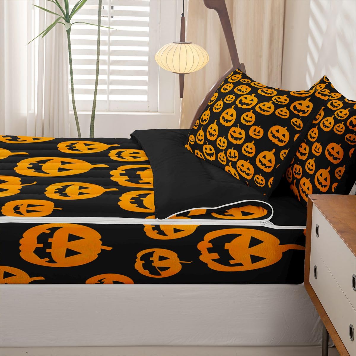 Feelyou Spooky Pumpkin Zipper Bedding Sets for Kids Boys Girls Halloween Themed Queen Comforter Set with Fitted Sheet Trick or Treat Bedroom Decor Graveyard Microfiber with 2 Pillow Cases