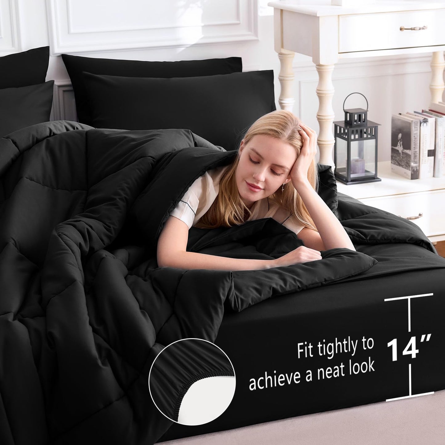 CozyLux Queen Comforter Set Black, 7 Pieces Bed in a Bag, Black Comforters Queen Size, All Season Bedding Sets with Stitch Quilted Comforter, Flat Sheet, Fitted Sheet, Pillowcases
