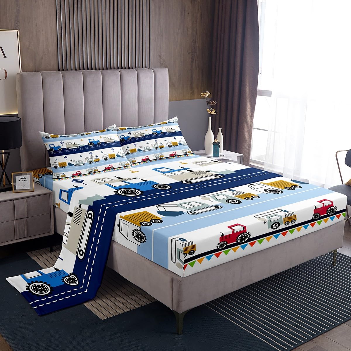 Feelyou Construction Sheet Set Kids Equipment Trucks Sheets with Deep Pocket Fitted Sheet Boys Cartoon Car Excavator Tractor Bed Sheets Set Construction Vehicles Blue White Bedding Set Full Size