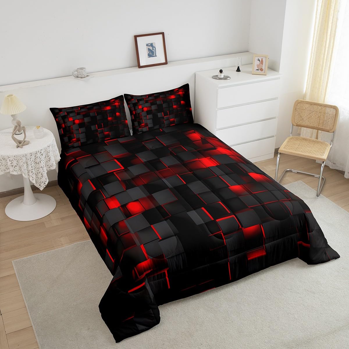 Feelyou Red and Black Bedding Set Full Size Light Geometric Comforter Set for Kids Boys Girls Decor Comforter Modern Duvet Set
