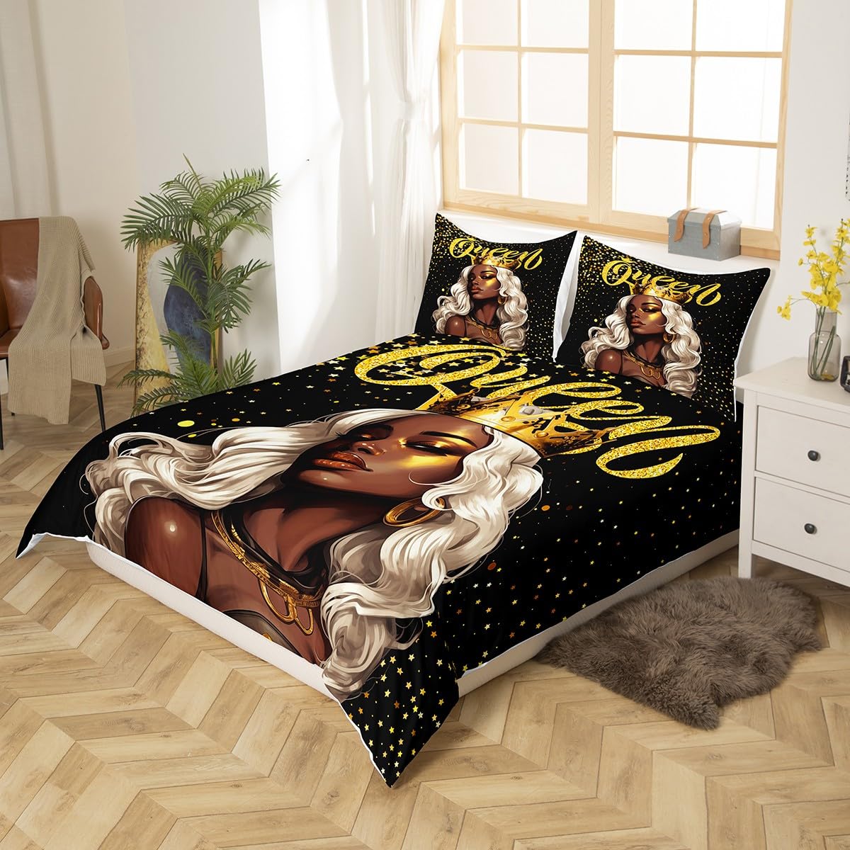 Black Woman Bedding Set Queen Size,Girls Crown Queen Golden Glitter Duvet Cover Set 3Pcs,African Style American Comforter Cover Boys Kids Teens Bedroom Decor,Fashion Beauty Quilt Cover,2 Pillowcases