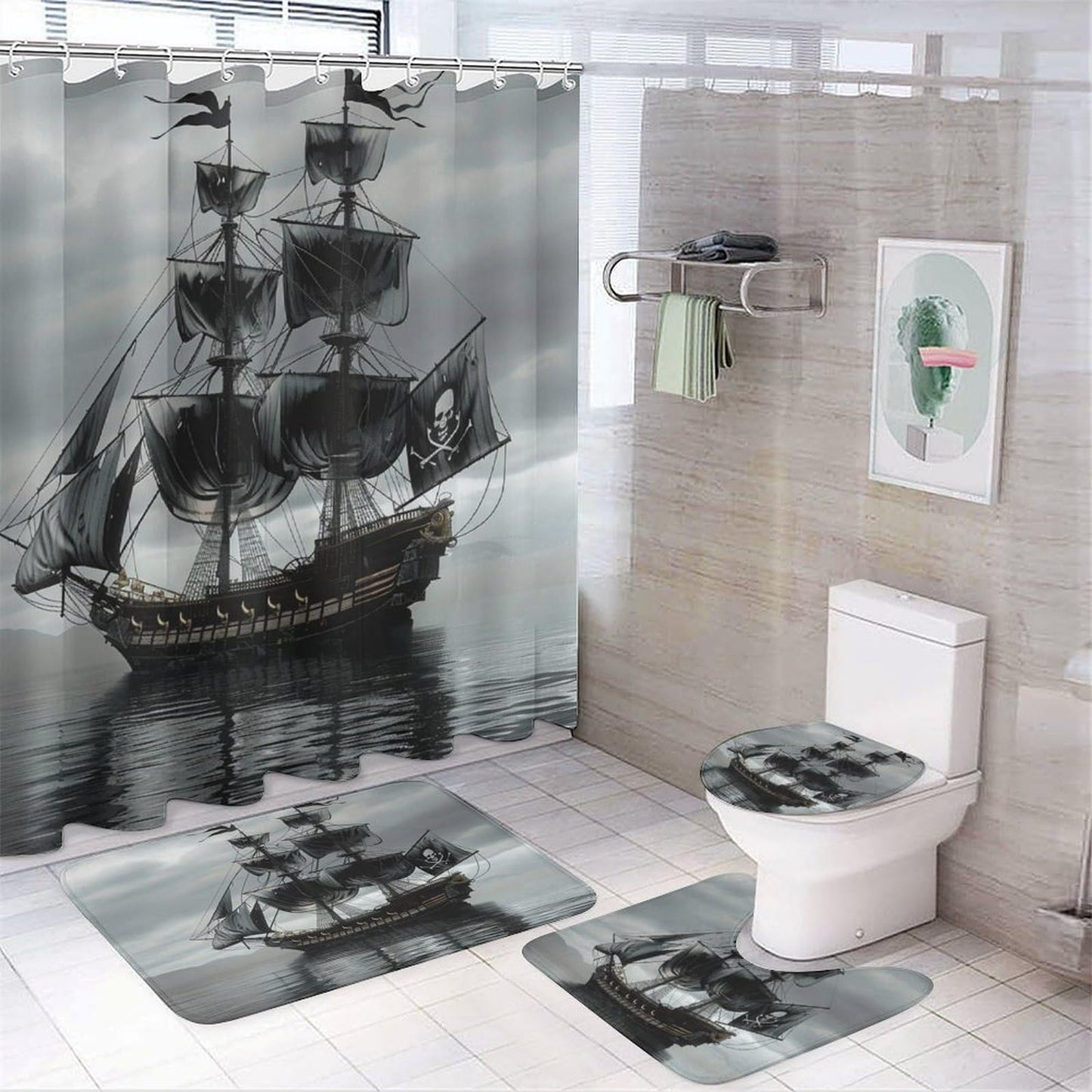 TOWINSFB 4Pcs Pirate Ship Shower Curtain Set with Toilet Lid Cover U-Shaped Mat and Non-Slip Rugs, Nautical Sailboat Ocean Black Shower Curtain Bathroom Decor Set, 72" x 72"