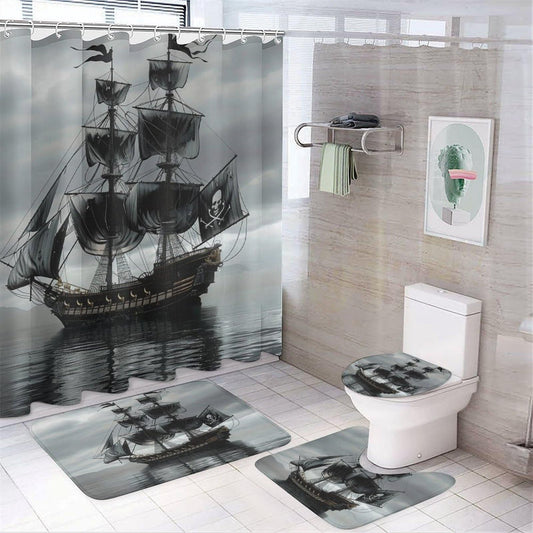 TOWINSFB 4Pcs Pirate Ship Shower Curtain Set with Toilet Lid Cover U-Shaped Mat and Non-Slip Rugs, Nautical Sailboat Ocean Black Shower Curtain Bathroom Decor Set, 72" x 72"