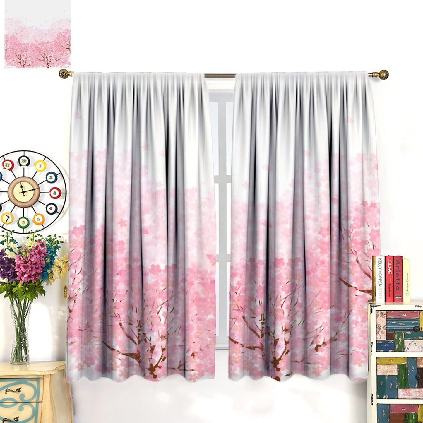 Mchenxin Cherry Blossom Window Curtains, Spring Pink Cherry Blossom Tree Flowers Falling Petals Japanese Asian Style Window Drapes for Kitchen Bedroom, 42x45in (No Blackout)