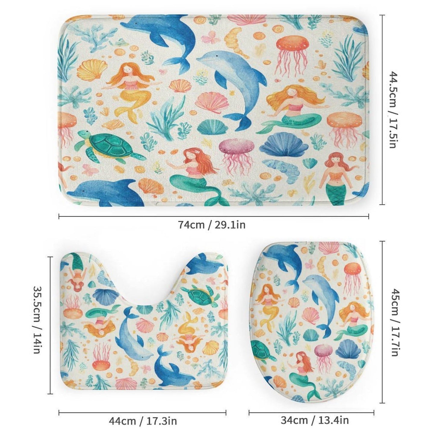 INSFBRB Cute Watercolor Dolphin Shower Curtain Sets with Rug,Toilet Lid Cover and Bath Mat,Cartoon Funny Ocean Mermaid Seashell Wildlife Jellyfish Sea Turtle 4 Piece Bathroom Set