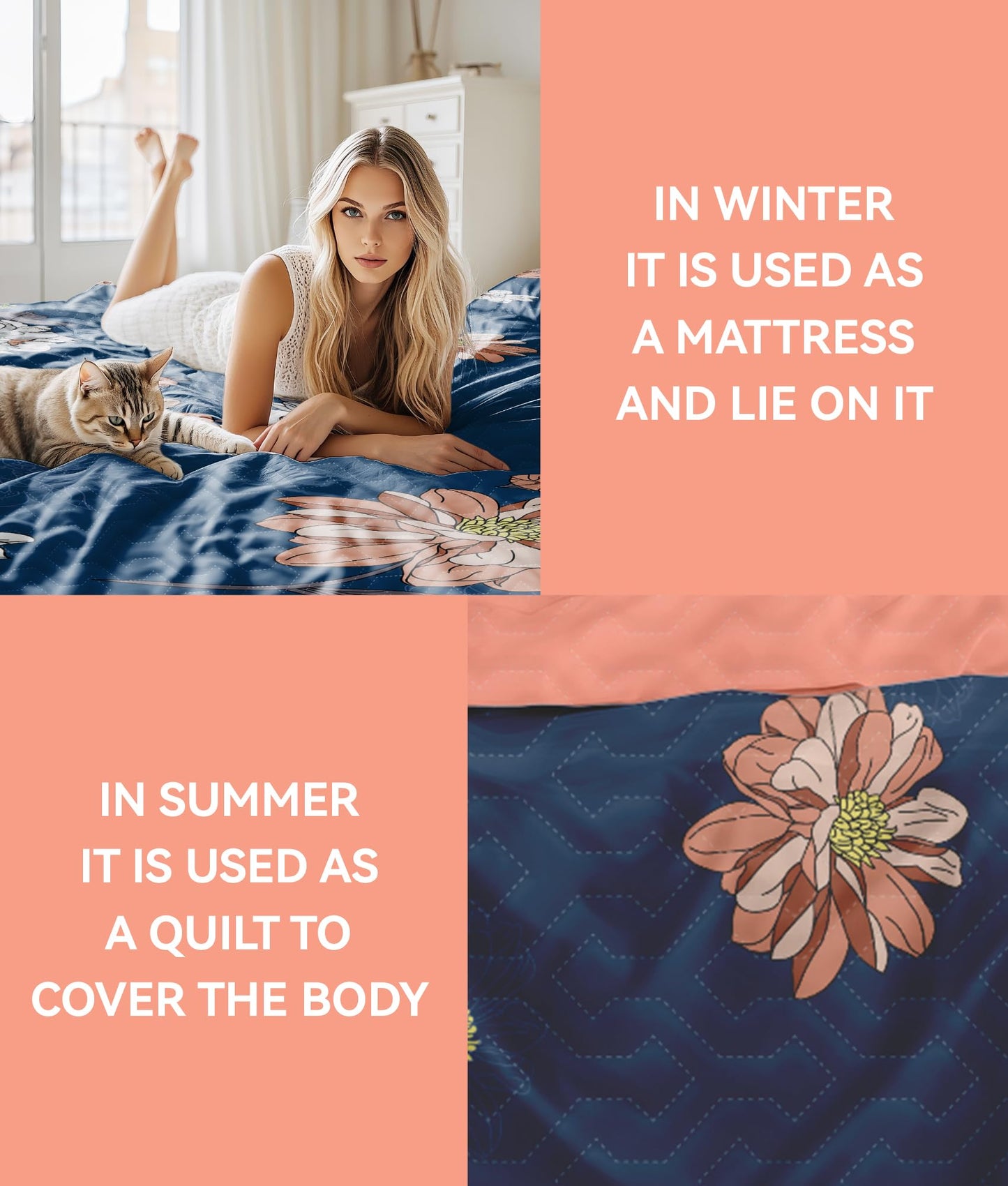 Reylox 9 Pcs King Bed in A Bag with Curtains | Navy/Orange Floral Bedspread, 2 Pillowcases, 2 Print & 4 Solid Curtains | Microfiber, Moisture-Wicking | Bedroom | King Size Comforter Set with Curtains