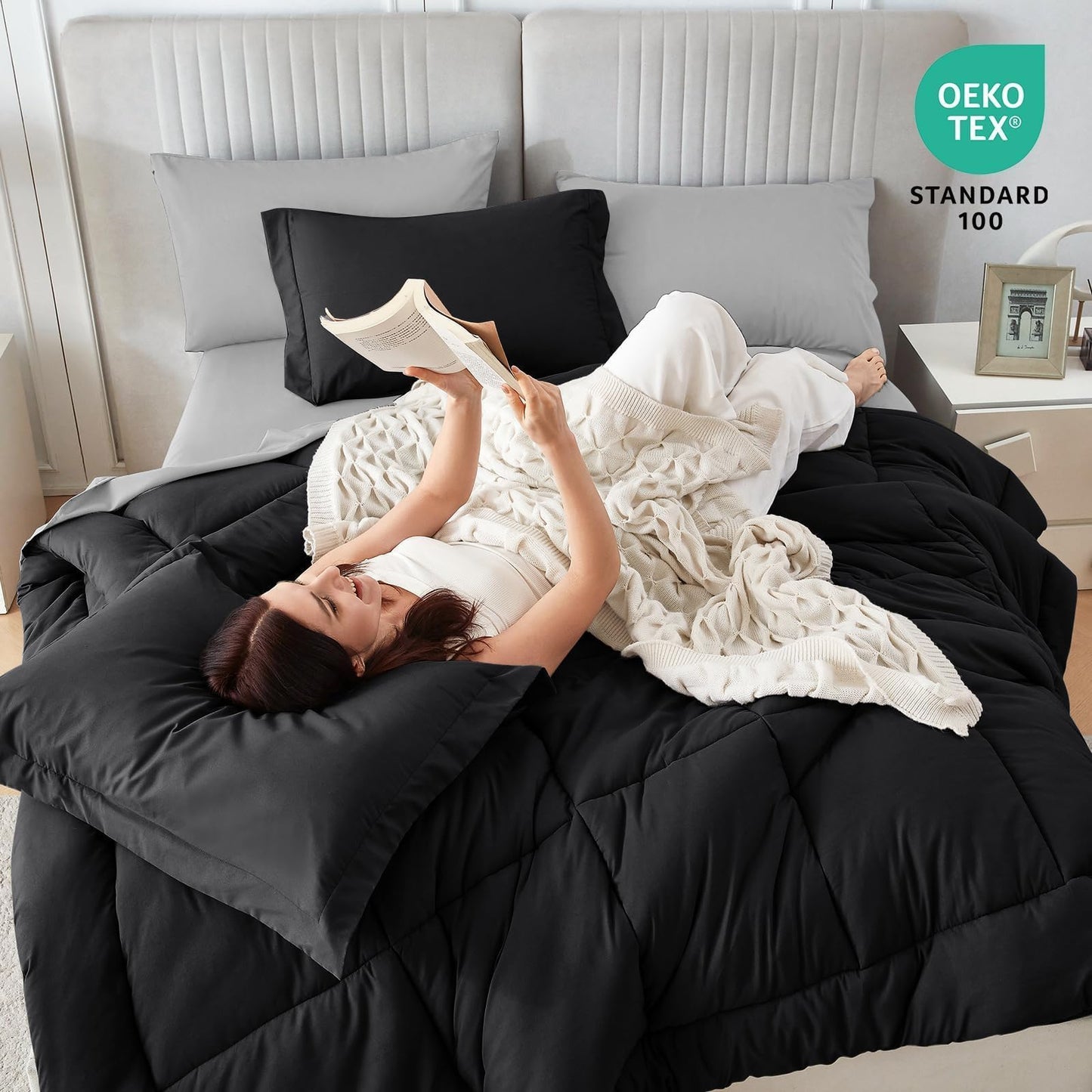 Sasttie Queen Comforter Set, 7 Pieces Bed in a Bag Queen, Complete Bedding Set Includes Comforter, Flat Sheet, Fitted Sheet, Pillowcases and Pillow Shams, Black & Light Grey