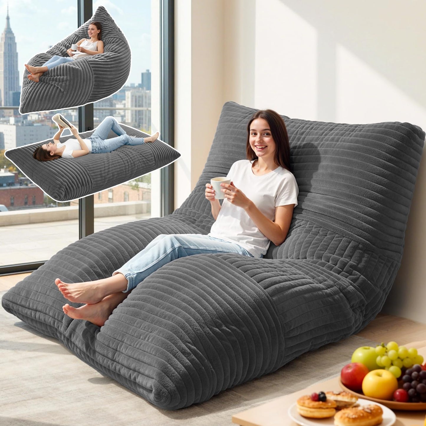 LuxMoment 3 in 1 Giant Bean Bag Chair for Adults and Kids, Oversized Convertible Bean Bag Bed with Machine Washable Cover, Comfy Soft Memory Foam Floor Sofa for Living Room, Bedroom & Game Room(Grey)