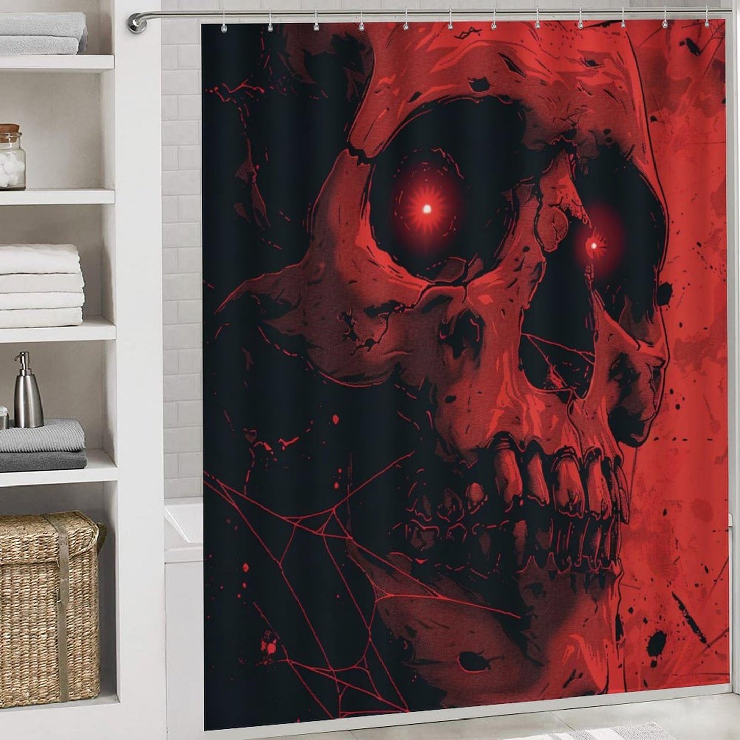 TOWINSFB 4Pcs Halloween Creepy Skull Shower Curtain Set with Toilet Lid Cover Non-Slip Rugs for Bathroom, Fantasy Red Gothic Skeleton Cobweb Shower Curtain Bathroom Sets with Hooks, 72x72 Inch