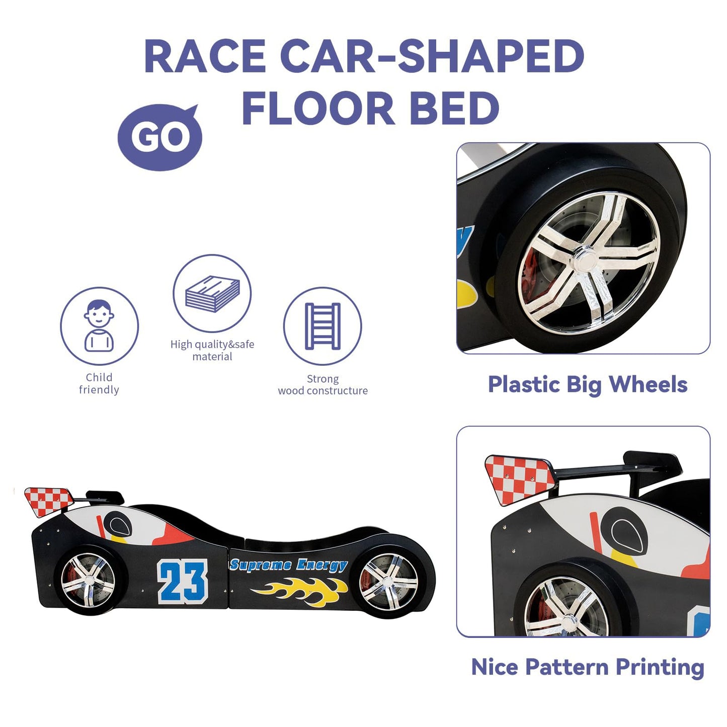 LKTART Car Bed Twin Size for Kids, Race Car Shaped Wooden Platform Bed Frame with Headboard Wheels and Support Slats for Boys Toddlers Child's Bedroom (Black)