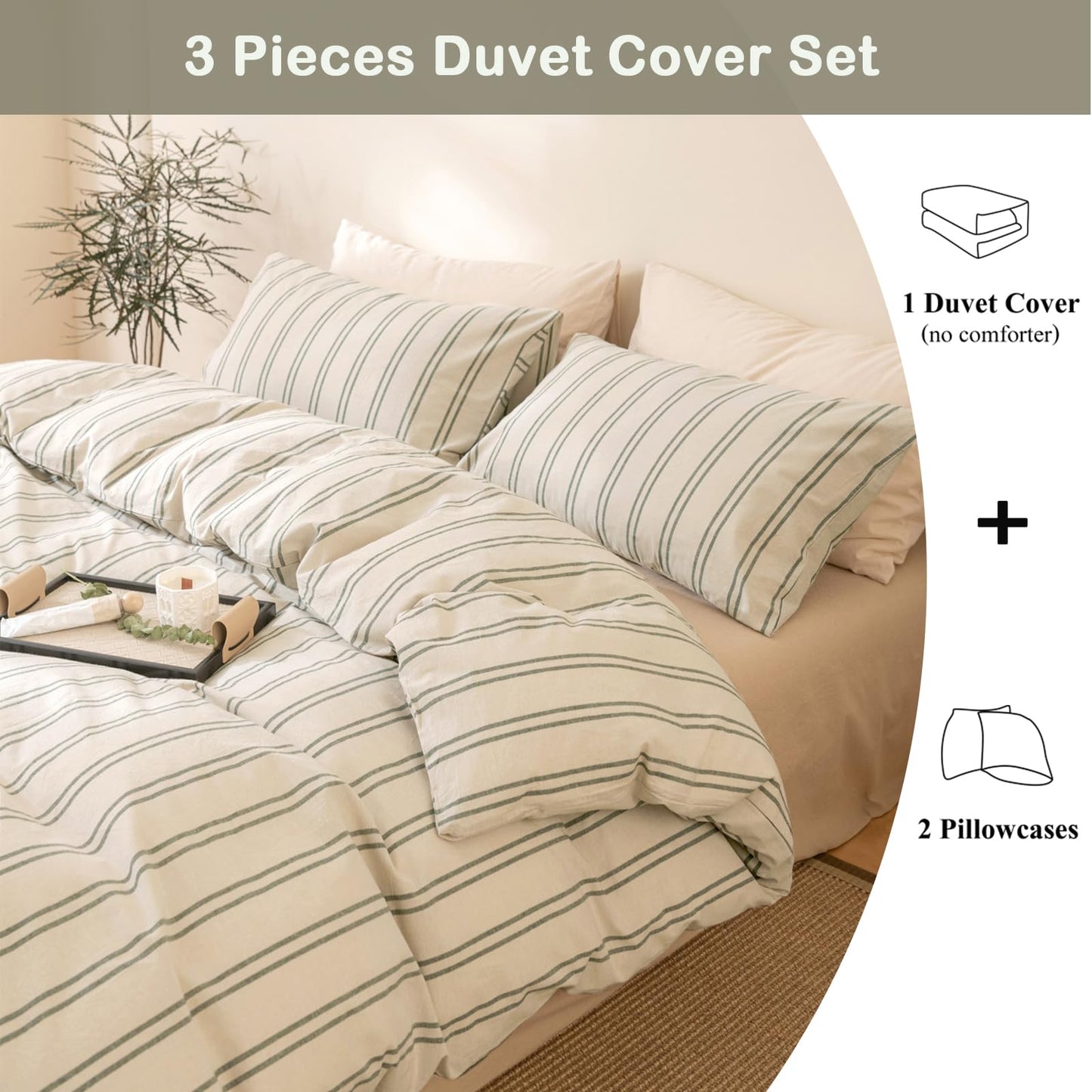 VM VOUGEMARKET Striped Duvet Cover Set Queen Beige 100% Washed Cotton Bedding Set,Grey Green Vertical Ticking Stripes Pattern Comforter Cover with Zipper Closure (3pcs, Queen Size)