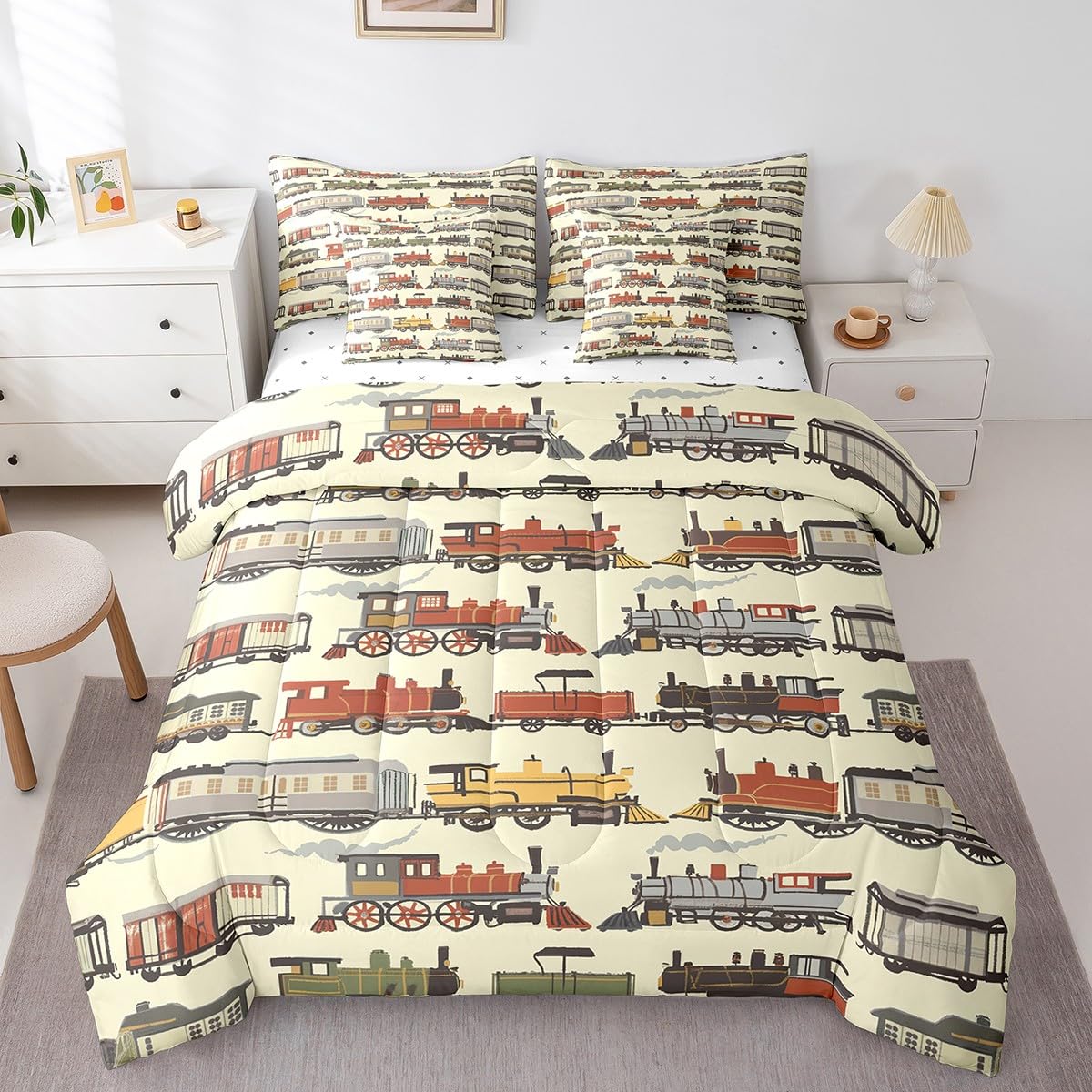7 Pieces Twin Size Cartoon Train Comforter Set,Retro Steam Locomotive Train Bedding Set for Boys Girls,Transport Vehicle Yellow boho (Comforter+Fitted+Flat Sheet+2 Pillowcases+2 Throw Pillow Covers)