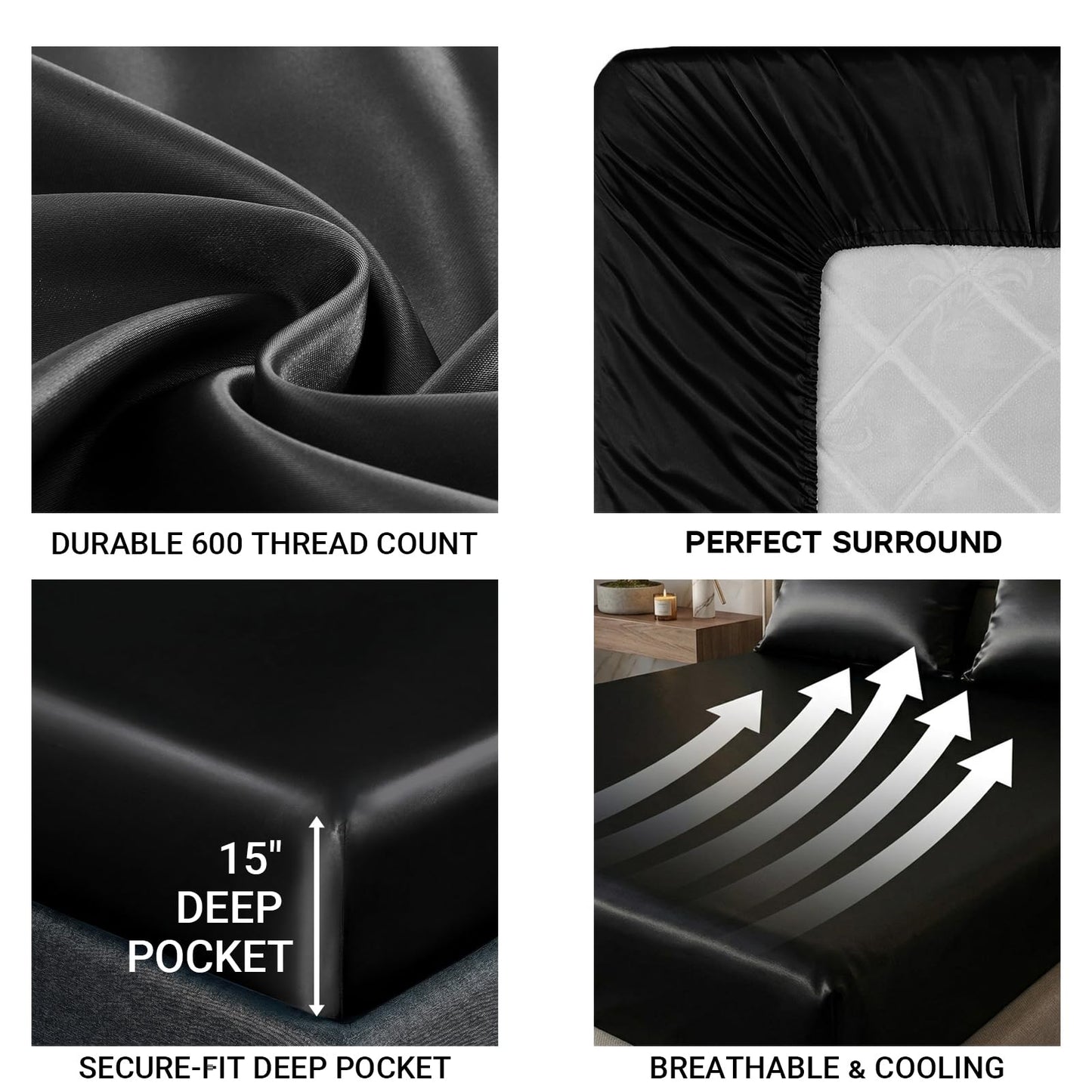 GRSECPO Satin Fitted Sheet Full Size Black, 15 Inch Deep Pocket Silky Bottom Sheet with Elastic Corner Straps, Wrinkle Resistant, No Slip, 1 Pack Only for Mattress