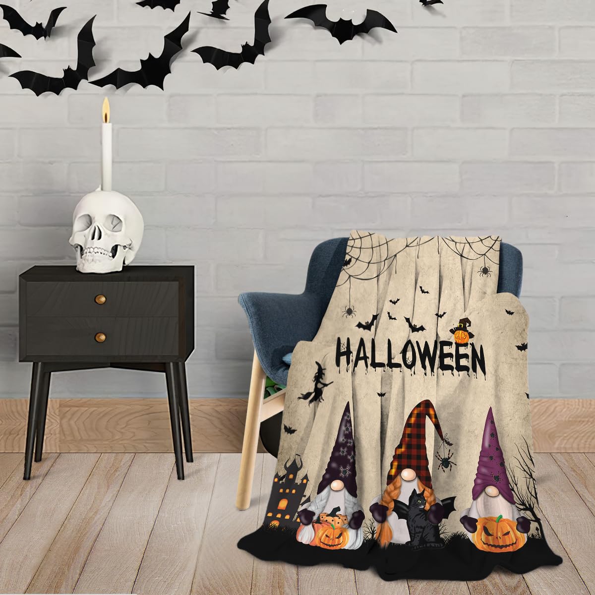 Halloween Gnome Blanket Flannel Fleece Throw Blankets Halloween Bats Black Cat Blanket Lightweight Cozy Warm Fuzzy Plush Soft Blankets for Couch Bed Sofa 40X50 Inches