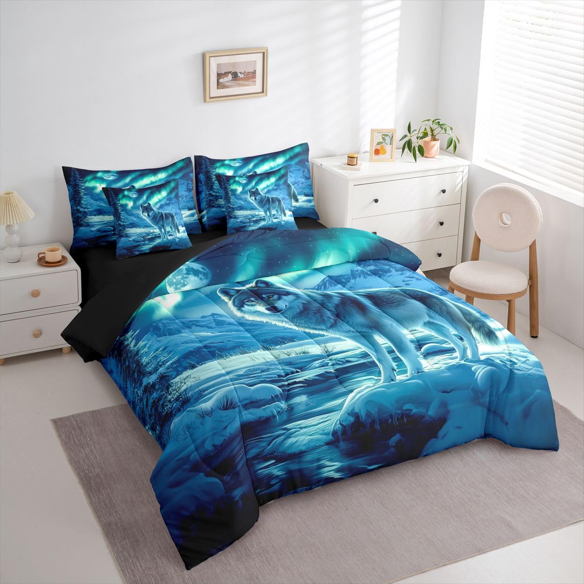 Feelyou Wolf Comforter Set with Sheets 7 Piece Queen Size Wolves Howling Bed in a Bag Kids Boys Girls Western Farmhouse Bedding Set Wild Animal Bedroom Decor Breathable Soft Microfiber