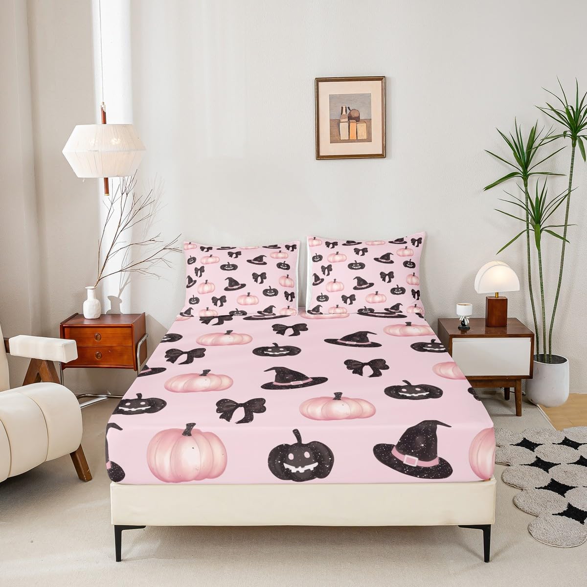 Feelyou Pink Halloween Fitted Sheet Full Size for Kids Boys Girls Black Bowknot Bed Sheets Set 16" Deep Pocket Microfiber Halloween Decor Bedding with 2 Pillowcases Trick or Treat Room Decor