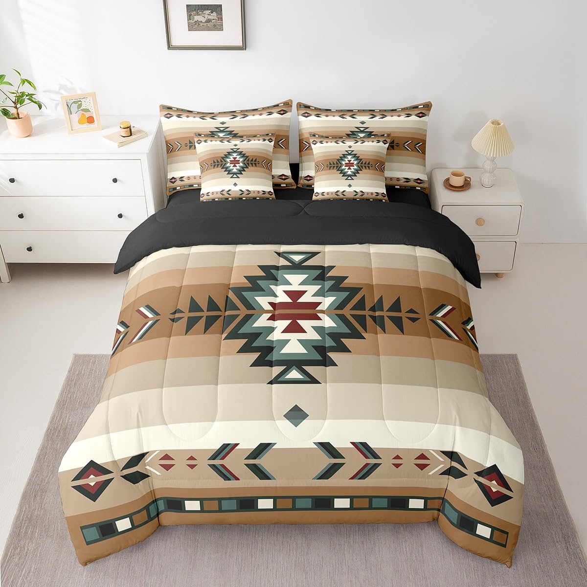 Feelyou Queen Size Southwest Native Design 7 Piece Bedding Set Southwestern Geometric 7 Piece Bedding Set Tribal Bed Set Includes Comforter, Sheet Set, Pillowcases & Pillow Covers Beige
