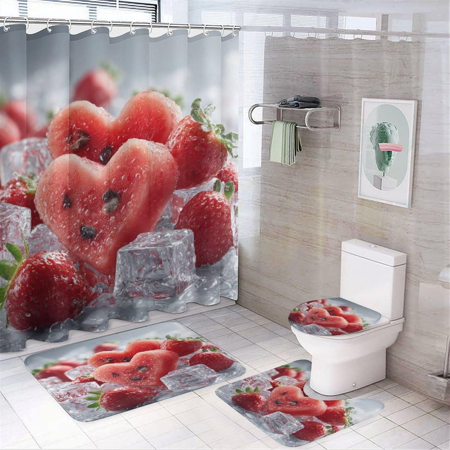 INSFBRB Rustic Colorful Watermelon Shower Curtain Sets with Rug,Toilet Lid Cover and Bath Mat,Realistic Modern Summer Ice Cubes Fruit Watermelon Strawberries 4 Piece Bathroom Set