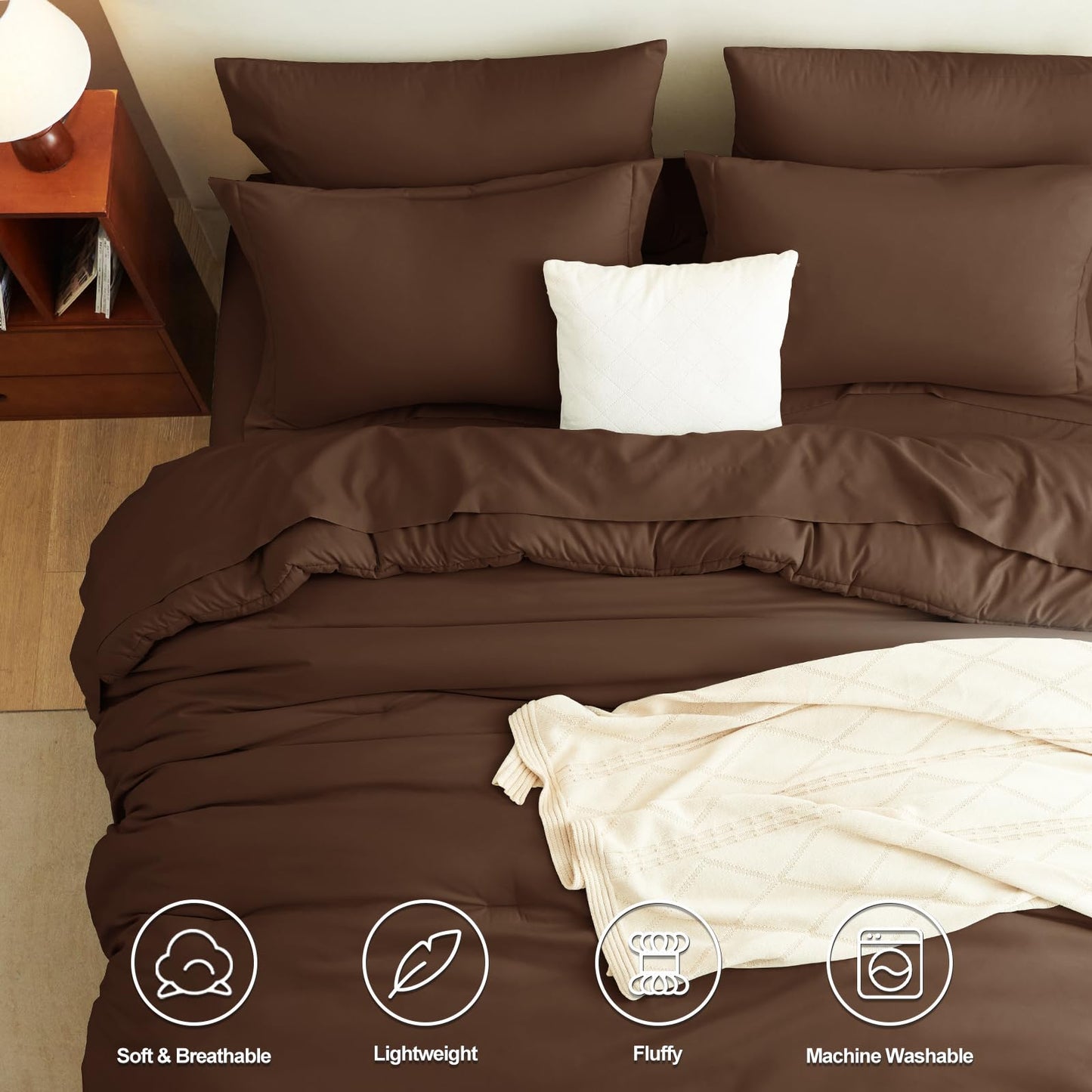 CozyLux King Size Comforter Set Brown, 7 Pieces Bed in a Bag King Comforter Set with Sheets, Luxury Soft Bedding Sets with Down Alternative Comforter, Fitted Sheet, Flat Sheet, Pillowcases & Shams