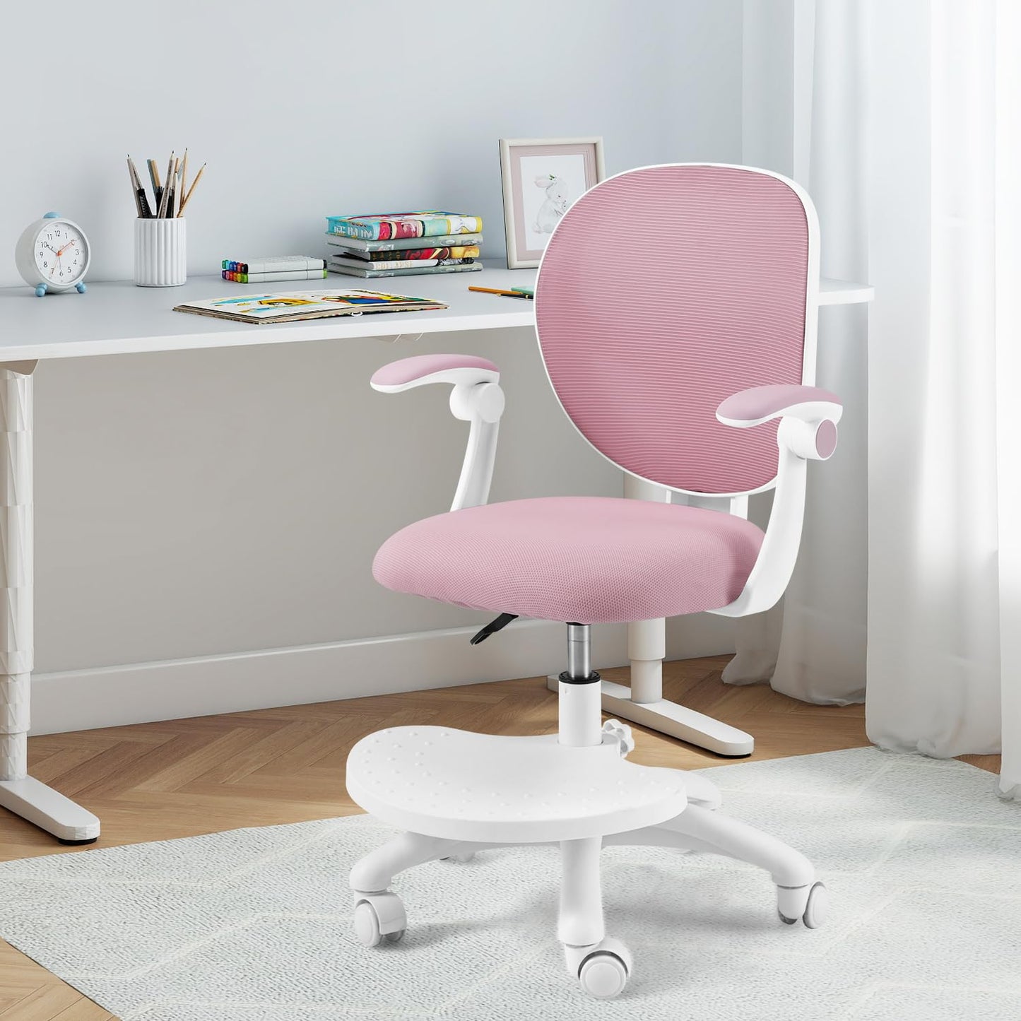 HOMMOW Kids Desk Chair,Ergonomic Study Chairs with Adjustable Height,Breathable Mesh Removable,Non-Slip Footrests,Suitable for Girls Aged 5-12 Years Old,Pink