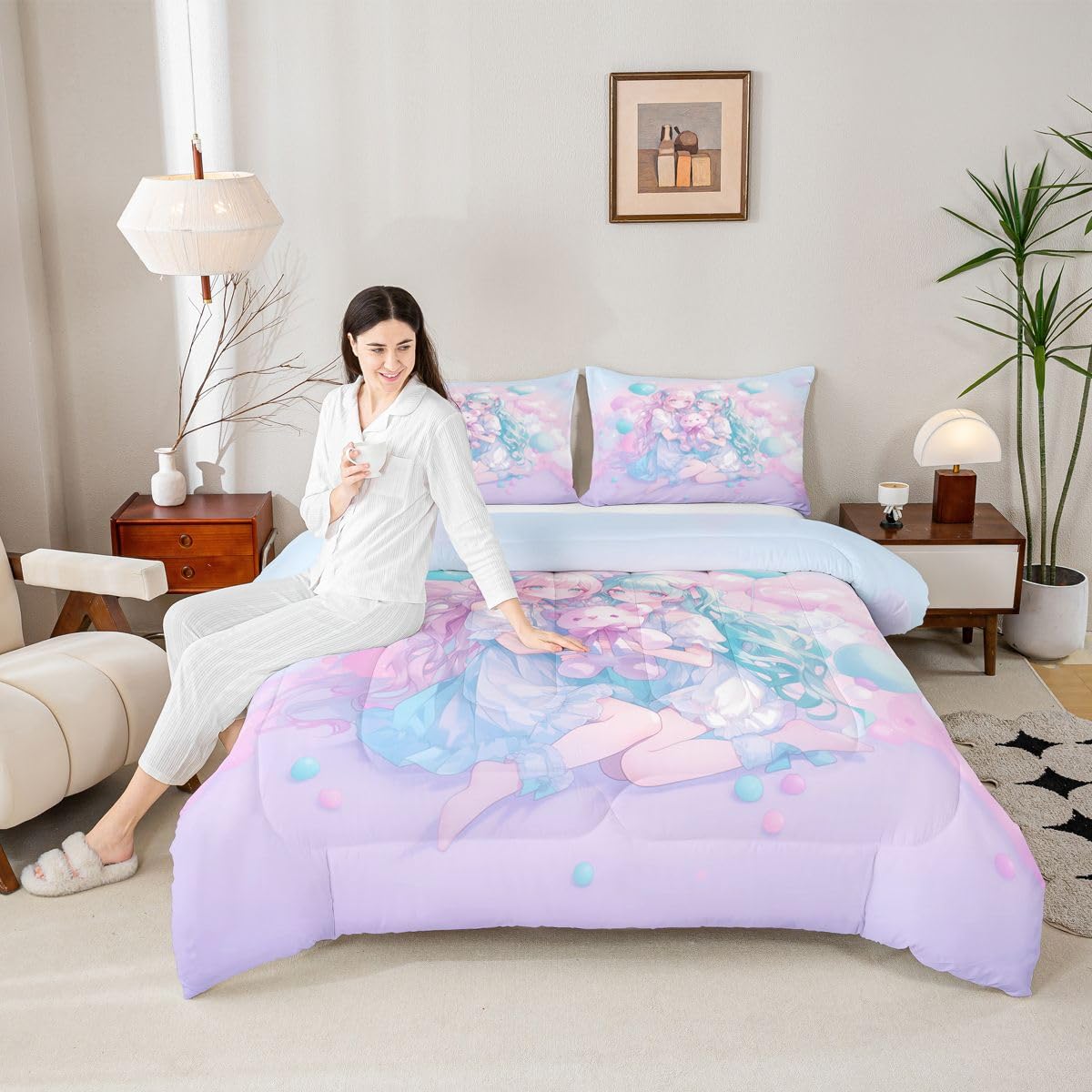 Erosebridal Anime Girl Kids Bedding | Girly Friendship Full Comforter Sets,Fantasy Dreamy Girls Comforter Romance Ballons Duvet Insert with 2 Pillow Cases