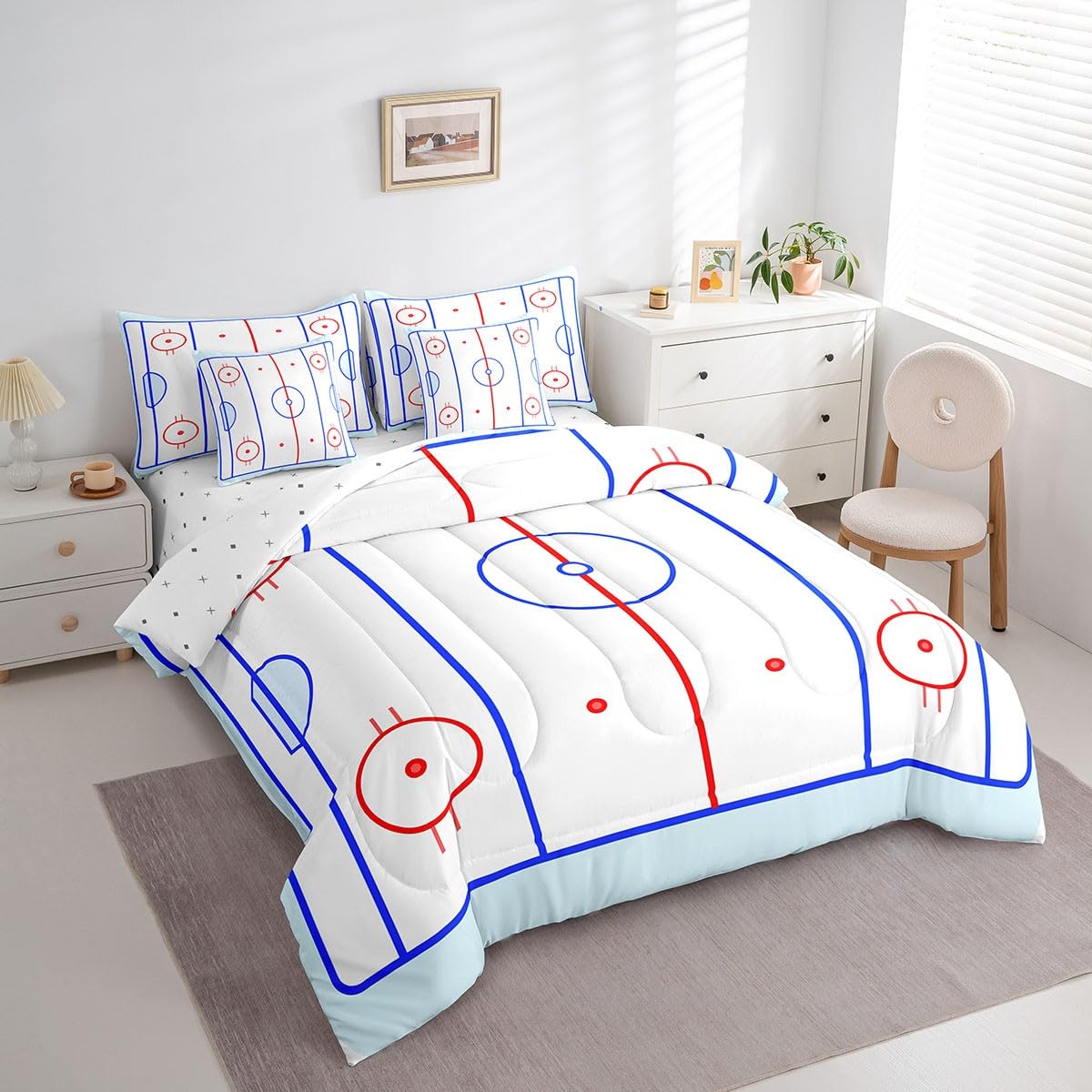 Erosebridal Ice Hockey Bedding Set Twin 7 Piece Winter Sports Game Comforter Sets Puck Design Bed in A Bag with Sheets Soft Breathable Microfiber Bed Set for Kids Boys Teens Child Room