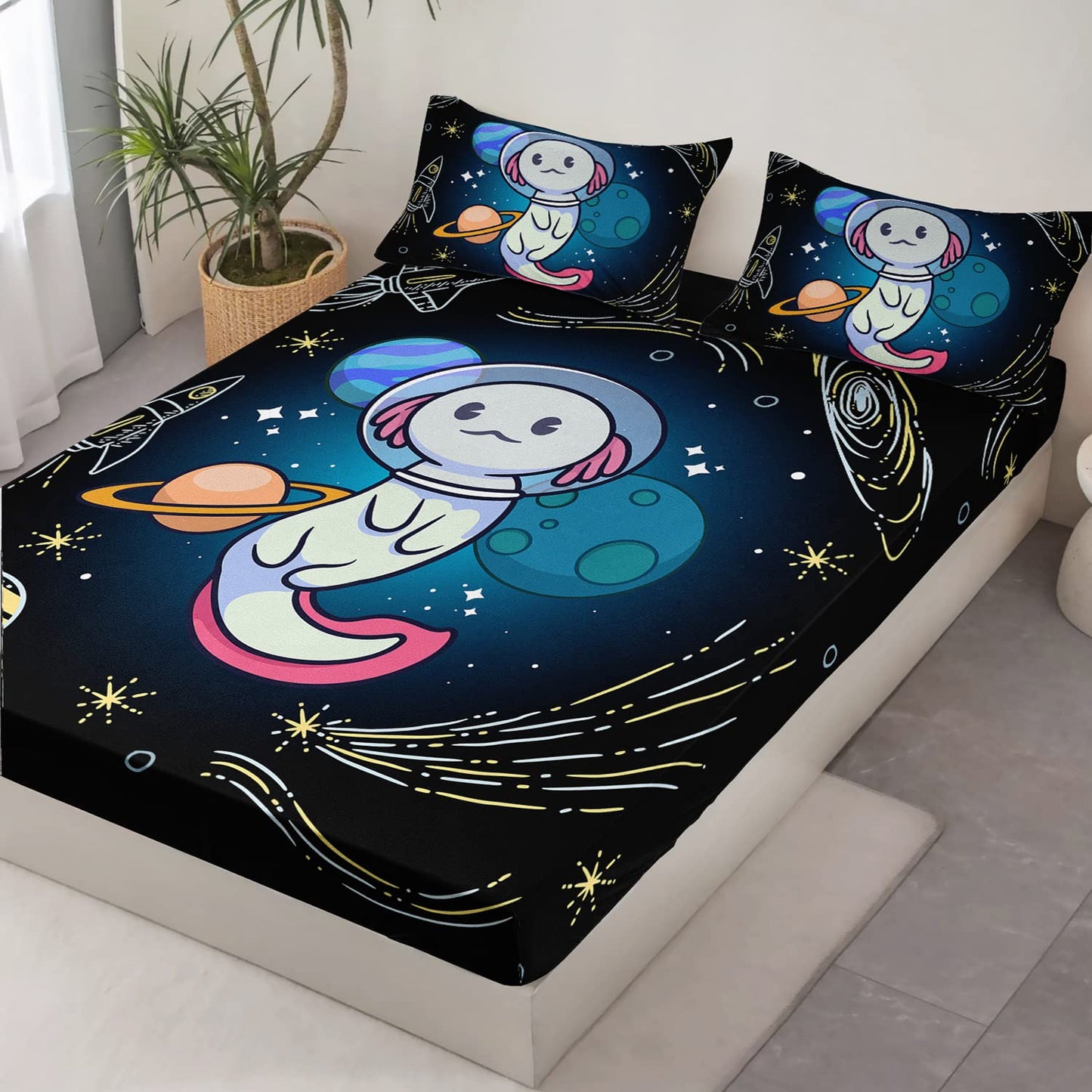 HOSIMA Axolotl Bedding Set for Kids Bedroom Decor,Space Cartoon Pattern Kawaii Set,Wildlife Animals Reptile Toddler Set,Full Size Fitted Sheet with 2 Pillowcase., Black, Full 55*75