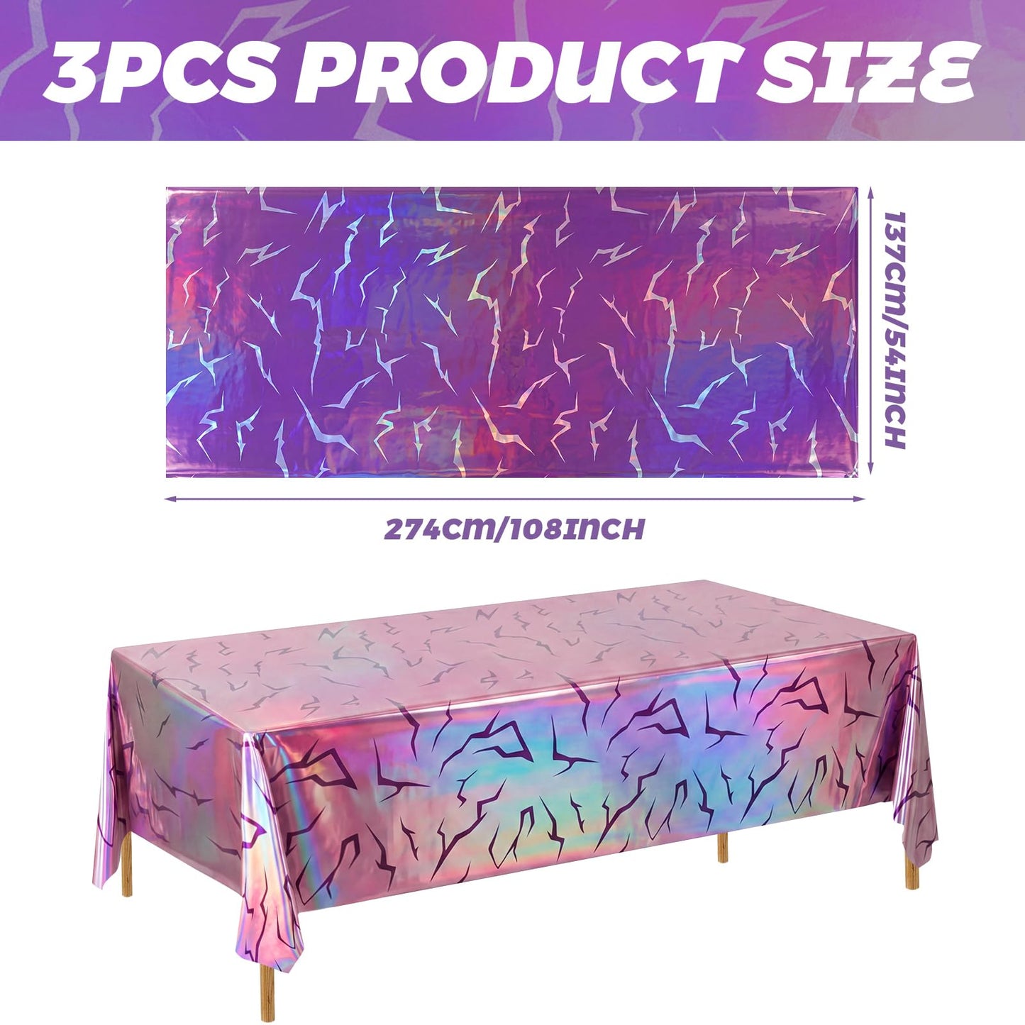 Fanfanwin 3 Pack Kpop Theme Birthday Decorations Iridescent Holographic Purple Tablecloth Disposable Waterproof Plastic Laser Table Covers for Girls Disco Party Supplies, 54x108 Inch