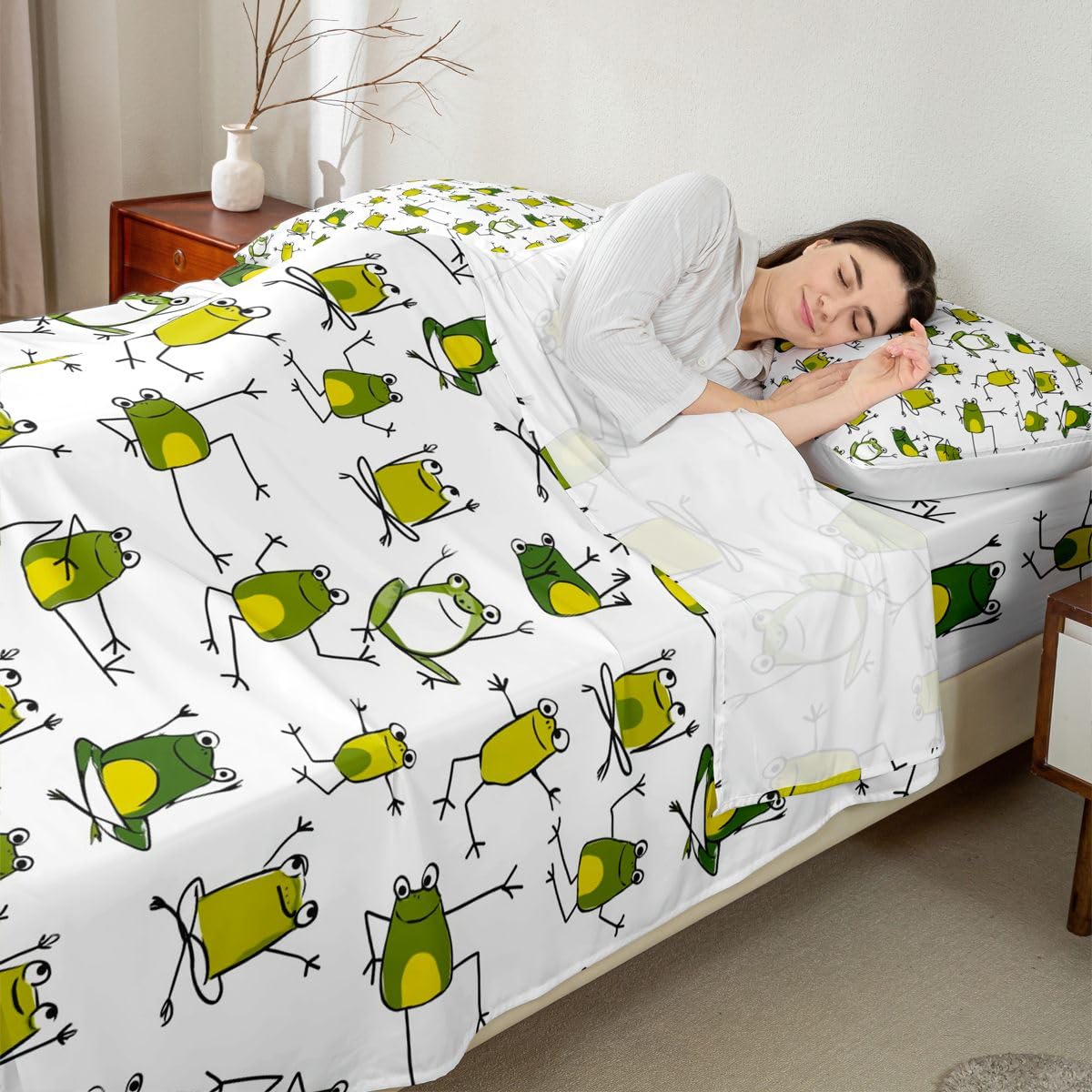 Erosebridal Green Frog Bed Sheets Funny Frog Sheet Set Full Size,Cartoon Wild Animals Fitted Sheet for Kids Child Toddler Boys,Cute Reptile Flat Sheet Lovely Wildlife Bedroom Decor