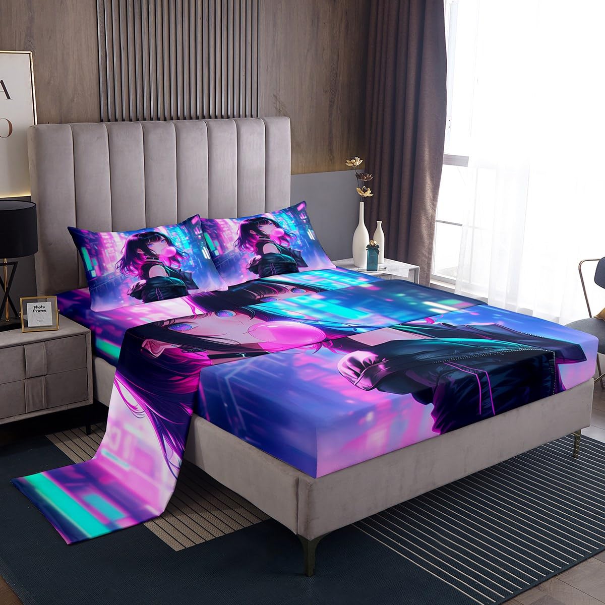 Erosebridal Anime Girl Fitted Sheet Top Twin Size, Kawaii Japanese Anime Sheet Set for Kids Boys Teens Adult Women, Cartoon Girl Bed Sheets Japan Animation Bedroom Decor, Machine Washable