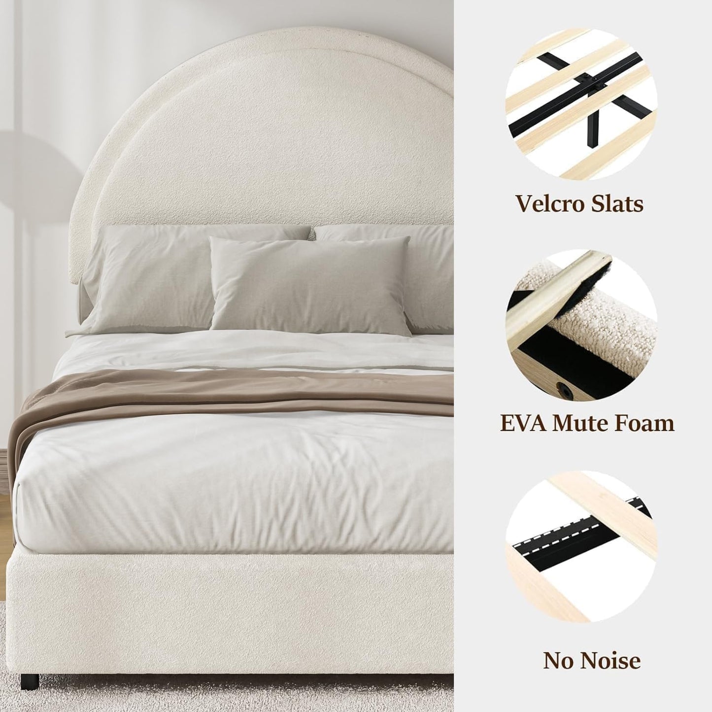REVOMINCA Full Size Bed Frame with Round Headboard, Upholstered Platform Bed Frame, Boucle Soft Bed Frame, Modern Style, No Box Spring Required, Easy Assembly, White