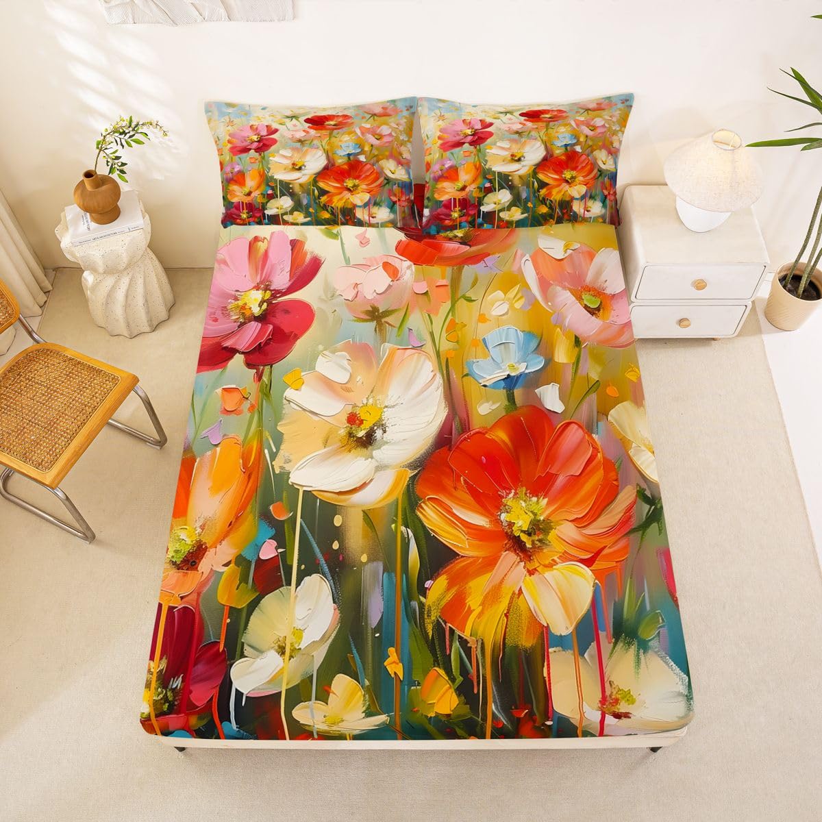 Feelyou Flower Bed Sheets Sets Queen Size Kids Boys Girls Retro Hippie Flower Bedding Set 60S 70S Groovy Bed Sheet Set with 16-Inch Deep Pockets 4Pcs with 2 Pillow Cases