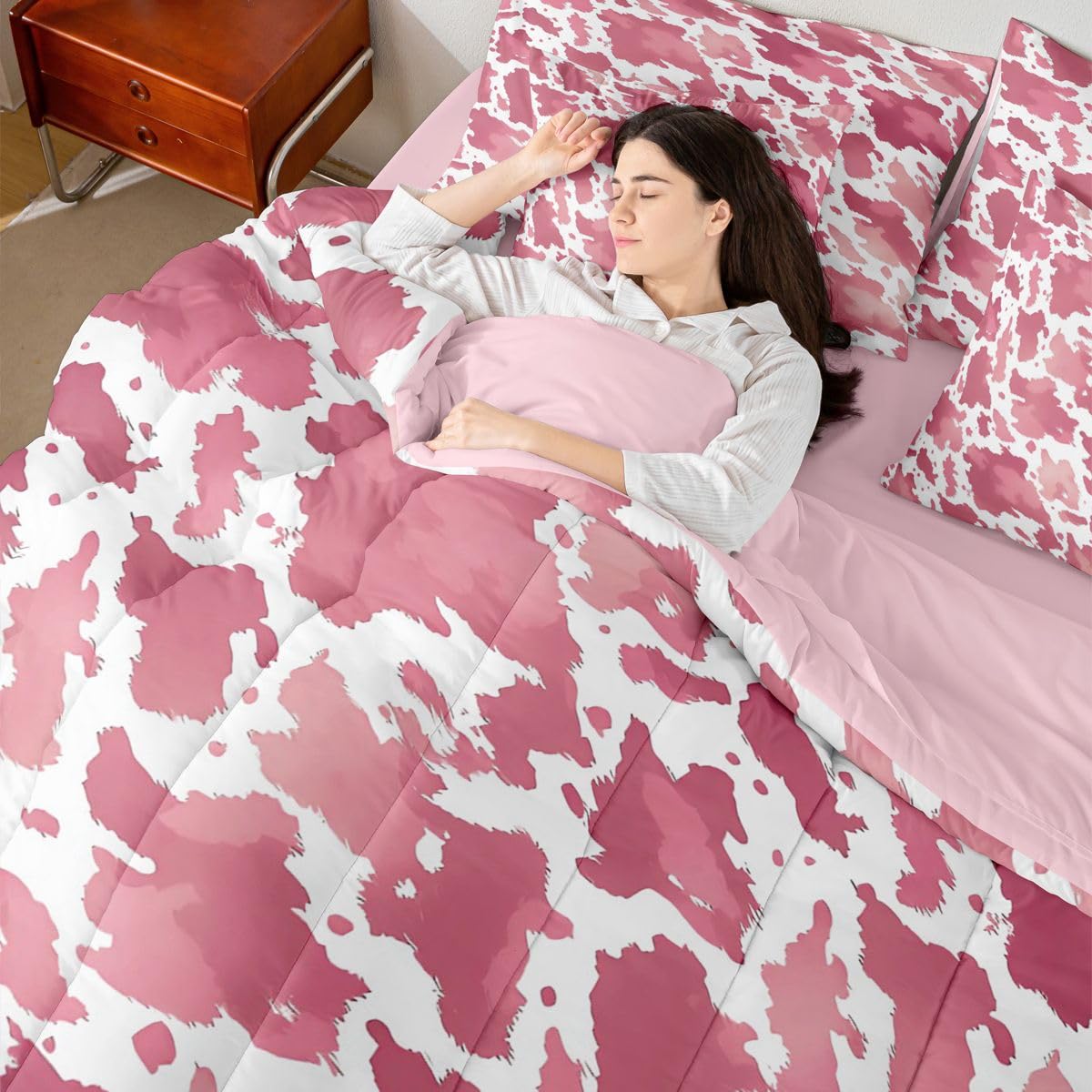 Erosebridal Cow 7 Piece Bedding Set Full Cowhide Print Comforter Set with Sheets Animal Fur Pattern Western Watercolors Bed in a Bag Cowboy Farmhouse Pink White for Kids Boys Girls