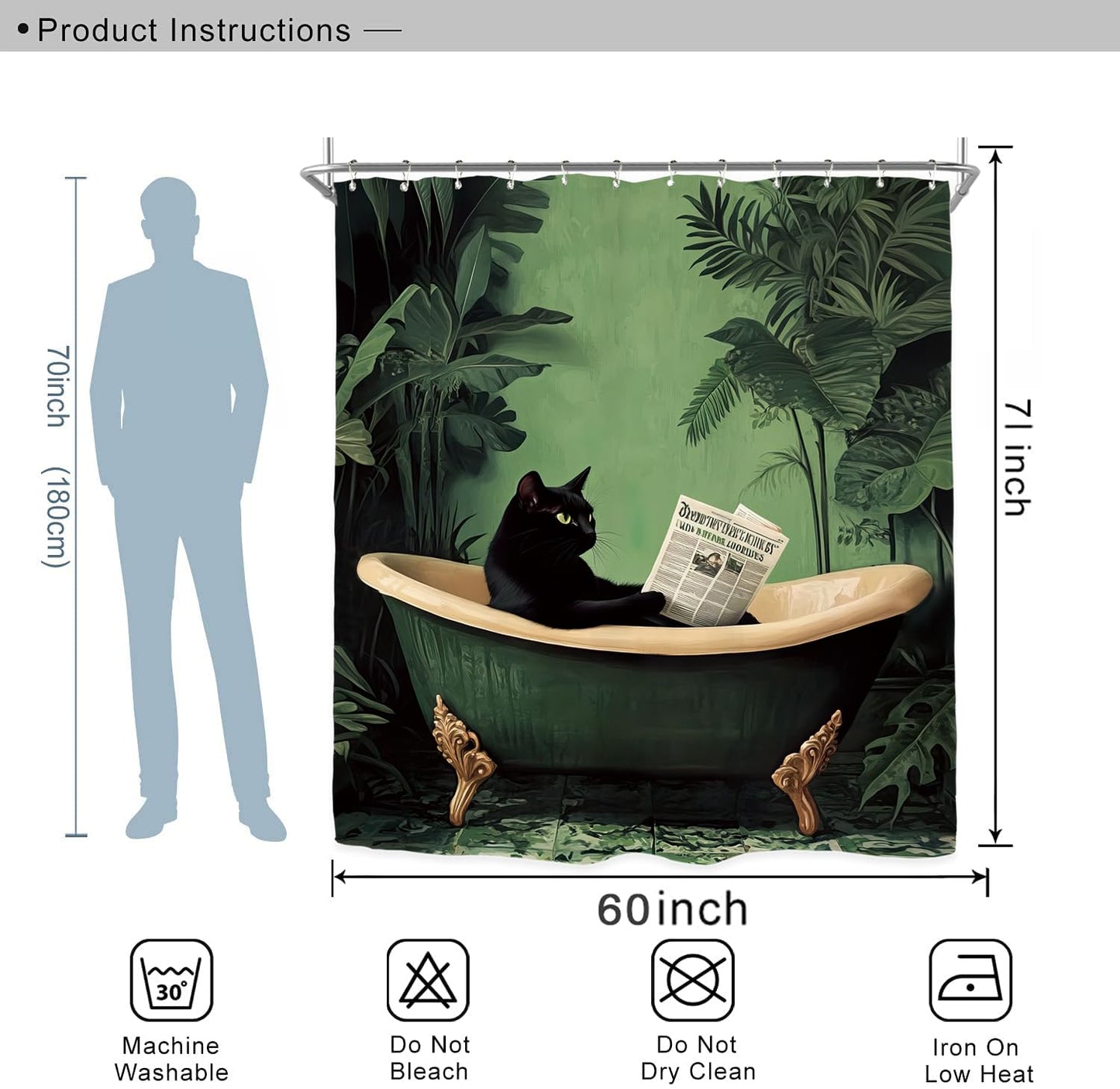 Miyotaa Funny Black Cat Shower Curtain Set 60Wx71H Inches Animal Hilarious Vintage Tropical Leaves Green Plant Polyester Waterproof Cloth Bathroom Curtain with 12 Hooks