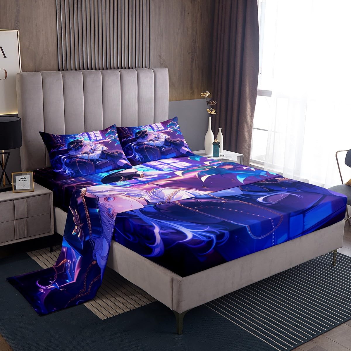 Erosebridal Anime Girl Bed Sheets Twin Size Japanese Anime Sheet Set for Kids Boys Teens Women Bedroom Decor, Cartoon Girl Top Sheet Set Japanese Animation Kawaii Bedding Sets, Purple
