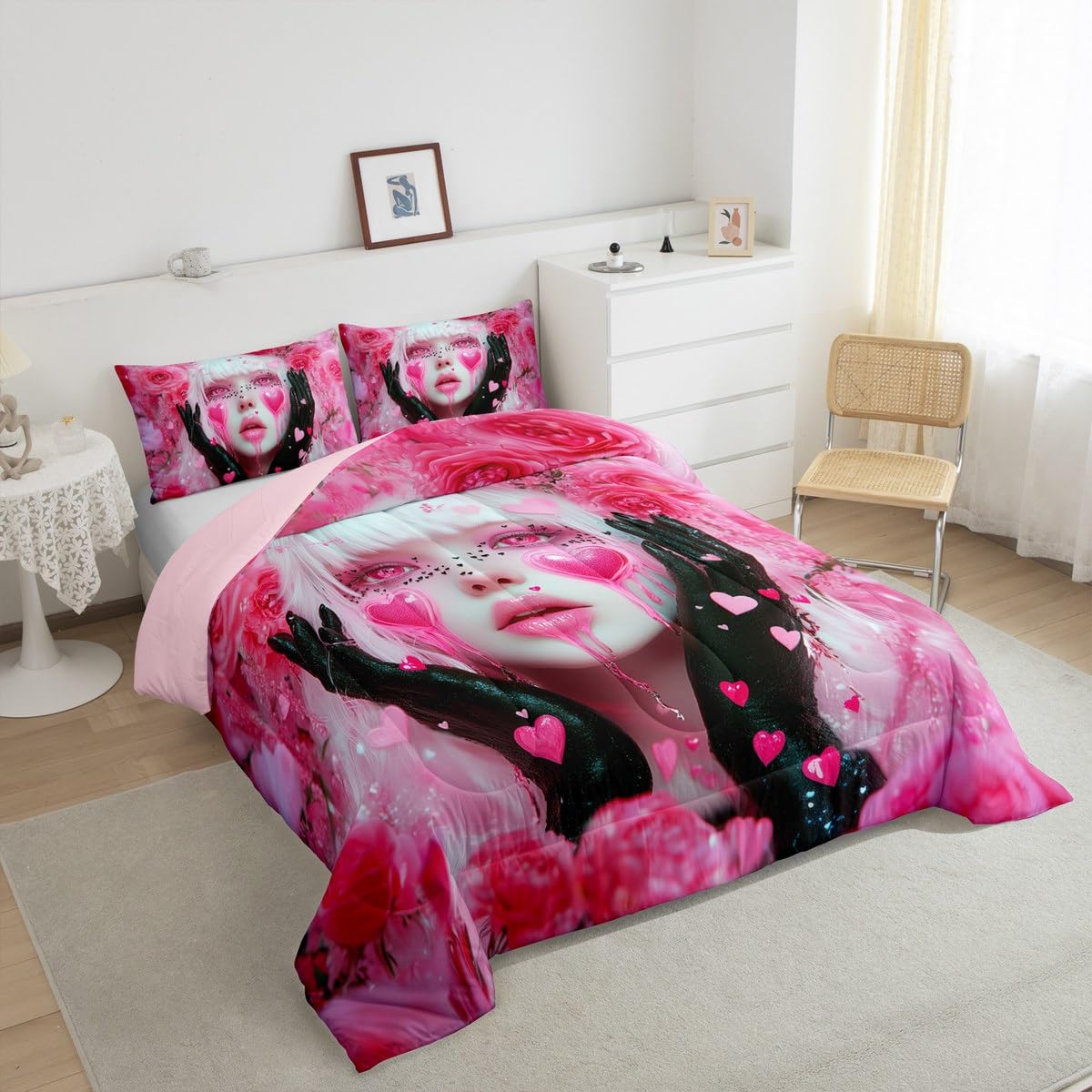 Erosebridal Pink Girl Comforter Set Twin Size Romance Rose Flowers Toddler Bedding Sets for Girls Anime Bedding Set, Modern Fashion Lady Art Duvet Insert Love Hearts Quilt with 1 Pillowcase
